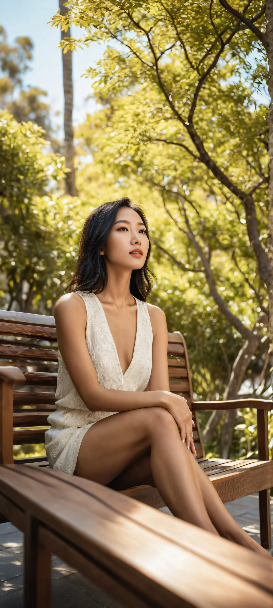 Elegant Asian women on a bench iPhone and Android wallpaper with intricate details and stunning visual impact.