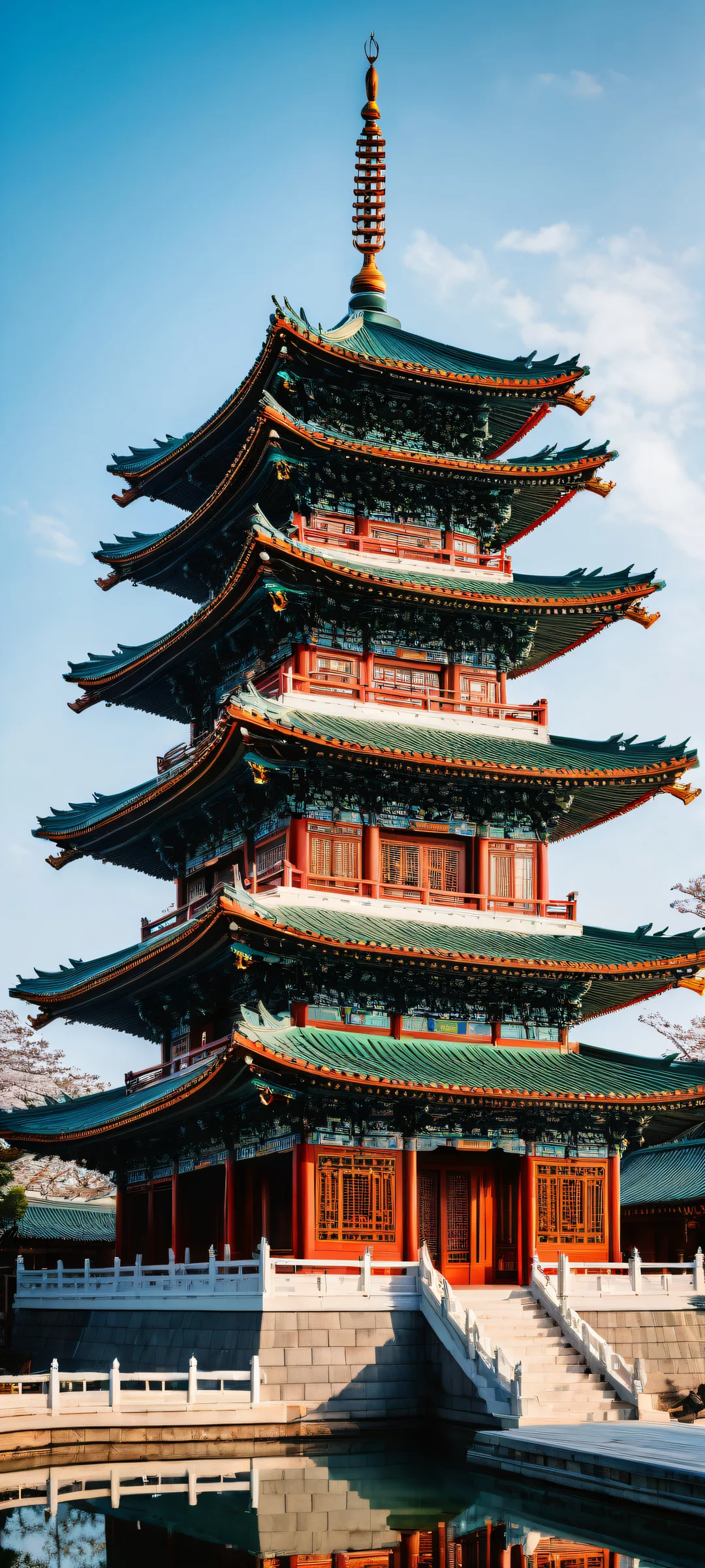 Elegant iPhone and Android wallpapers featuring a serene Asian pagoda amidst vibrant colors and intricate details.