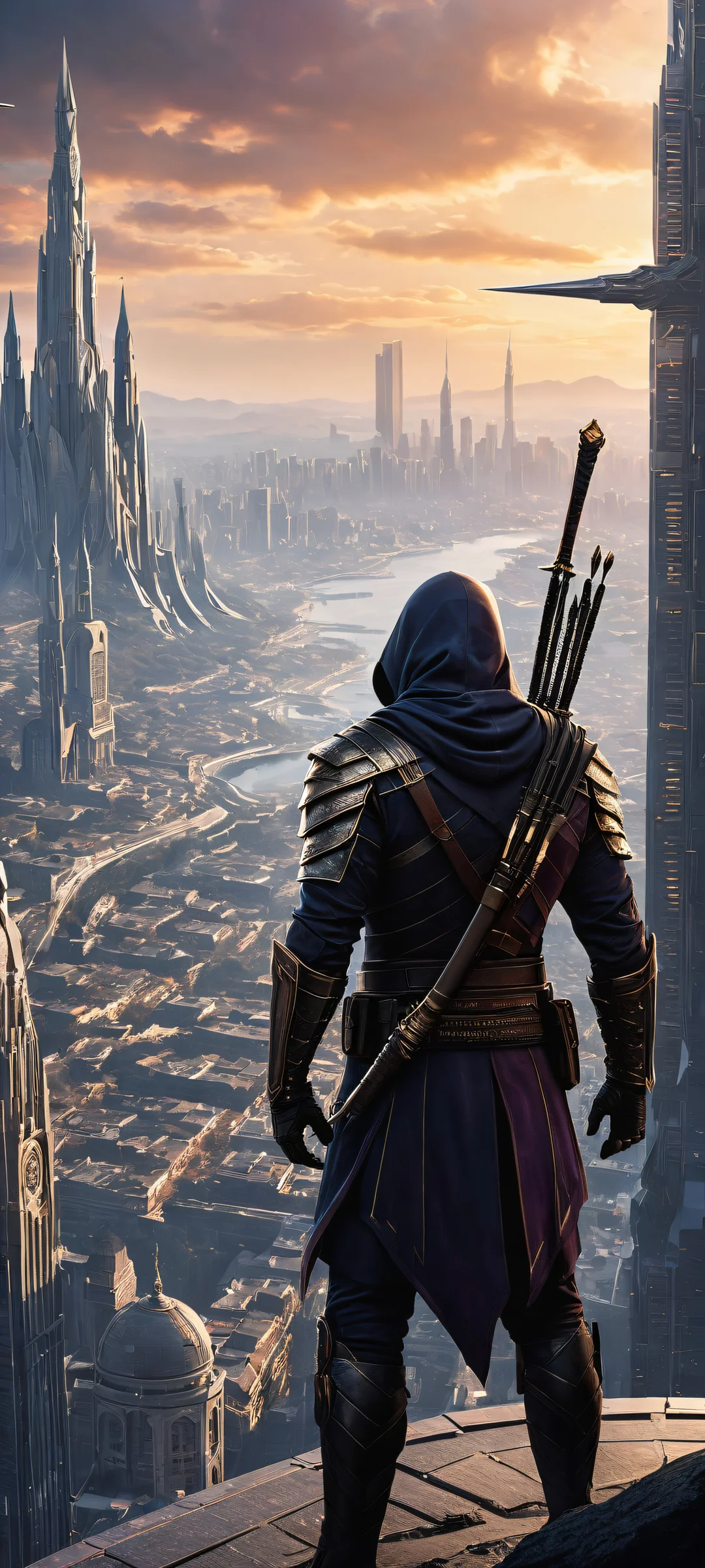 A Brotherhood of Assassins on a dark mode iPhone/Android wallpaper with cityscape, armor, and weapons. ホーム画面に完全に最適化.