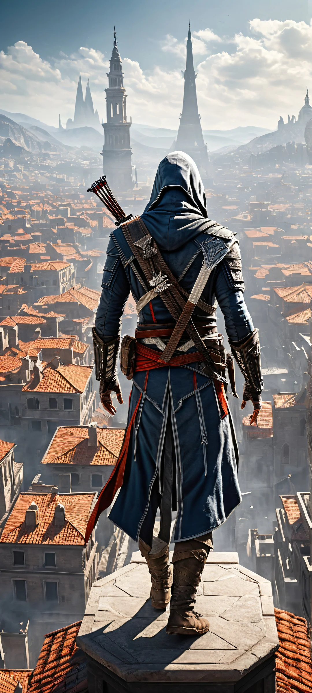 Eternal Vigilance 2K QHD Mobile Wallpaper A stunning iPhone and Android wallpaper featuring Assassin's Creed character against a breathtaking cityscape backdrop, perfect for your mobile device.