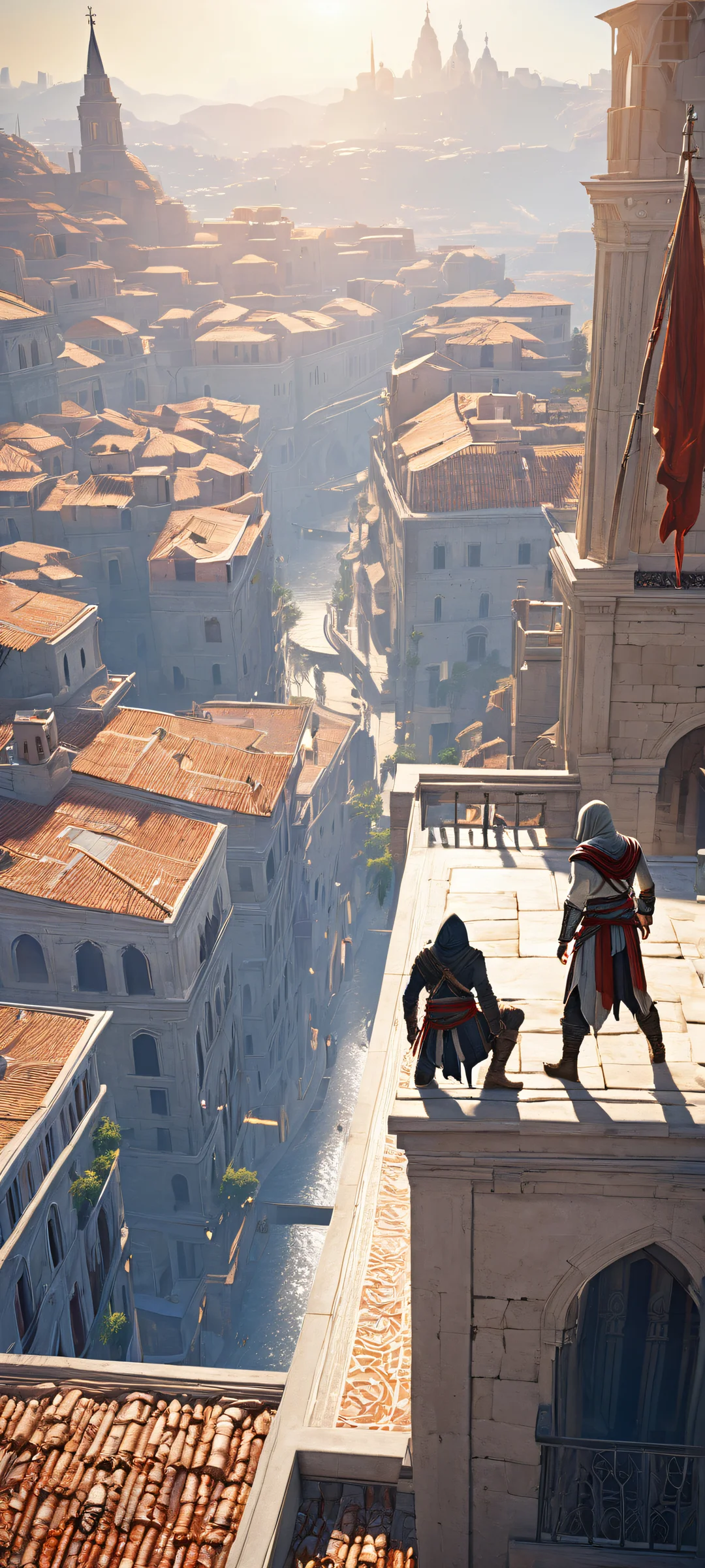 A breathtaking mobile wallpaper featuring Assassin's Creed characters on a city rooftop. Perfekt für iPhone- und Android-Startbildschirme.
