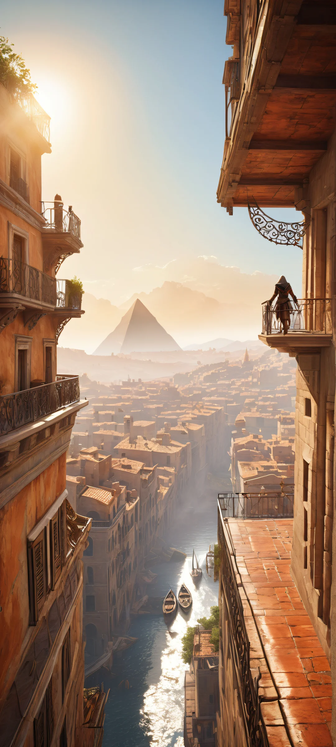 iPhone/Android compatible wallpaper featuring Assassin's Creed characters against a breathtaking cityscape backdrop, showcasing intricate micro-details and ethereal lighting.
