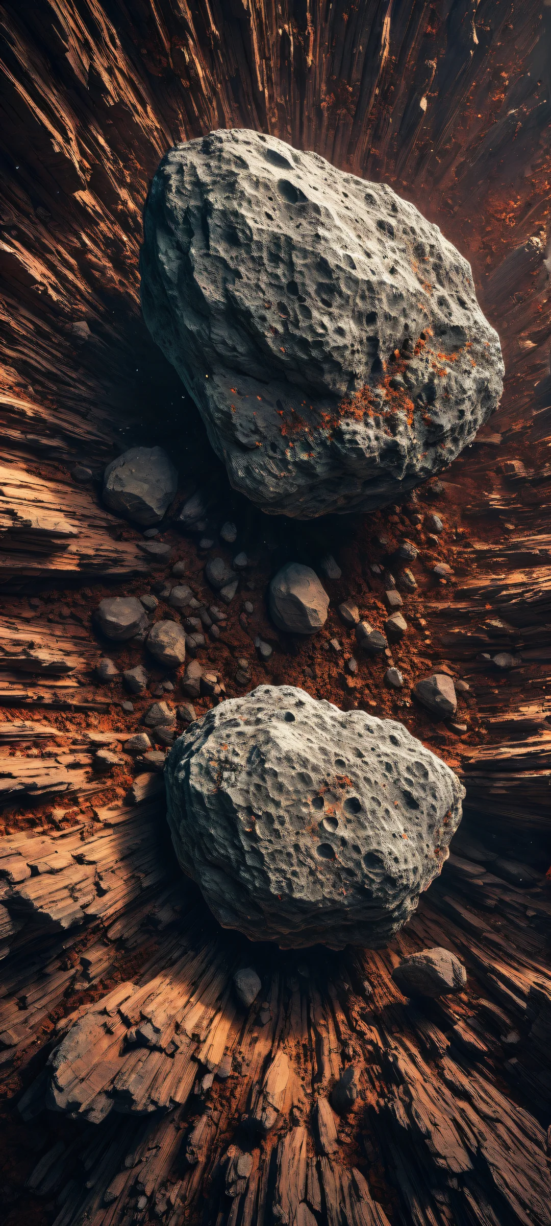 Breathtaking vertical portrait of an asteroid on a pristine void, perfectly optimized for iPhone and Android home screens.