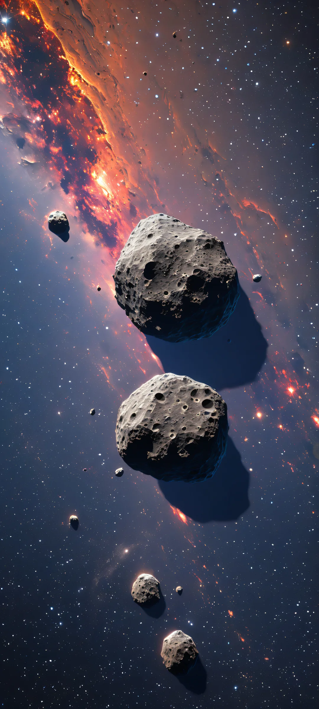 iPhone and Android users will love this breathtaking vertical portrait of an asteroid in love. The stunning digital artwork features intricate micro-details, textured surfaces, and a starry night sky.