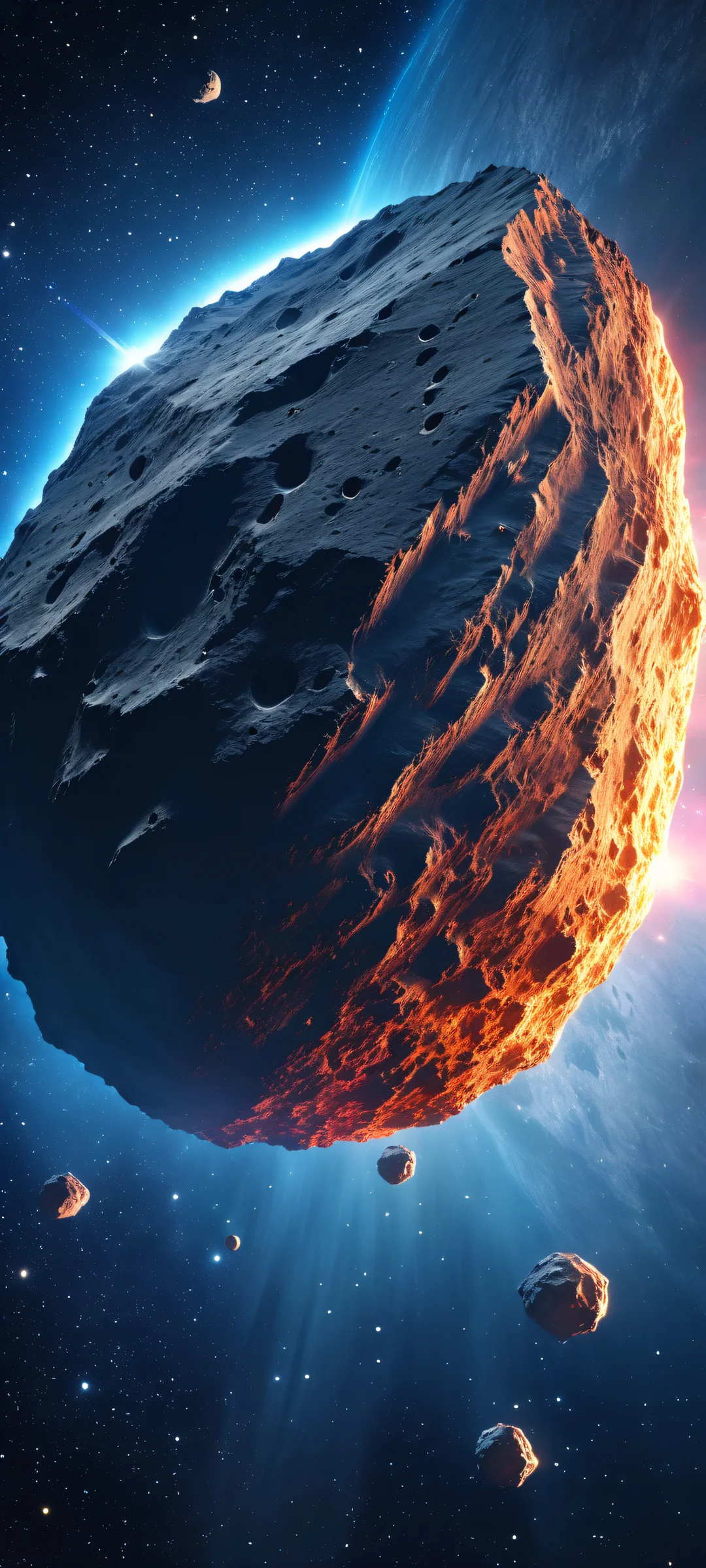 iPhone/Android users, behold the breathtaking vertical portrait artwork of a beautiful asteroid with intricate micro-details and stunning starry backdrop.