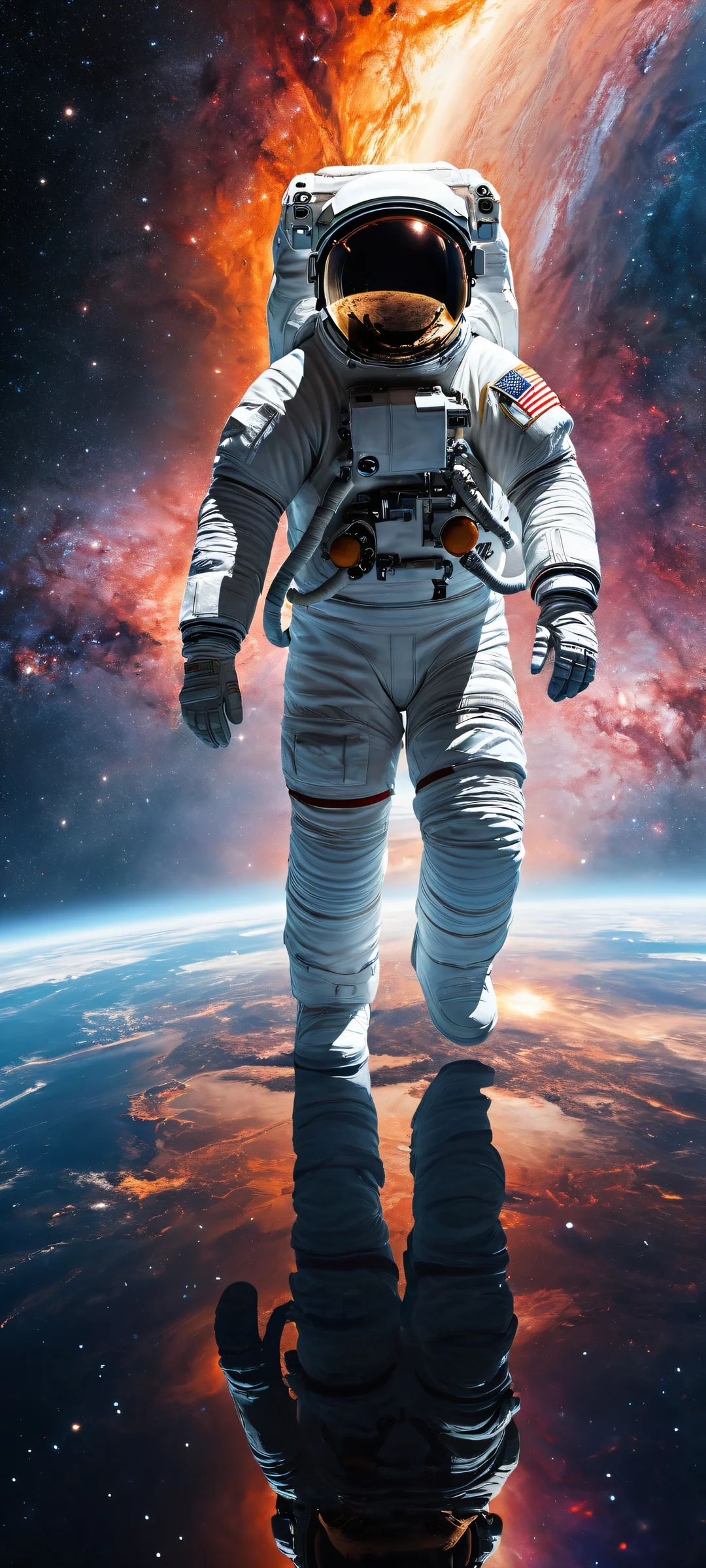 iPhone and Android wallpaper featuring an astronaut in a breathtaking cosmic landscape with micro-details of black holes and stars. Perfectly optimized for your mobile device.