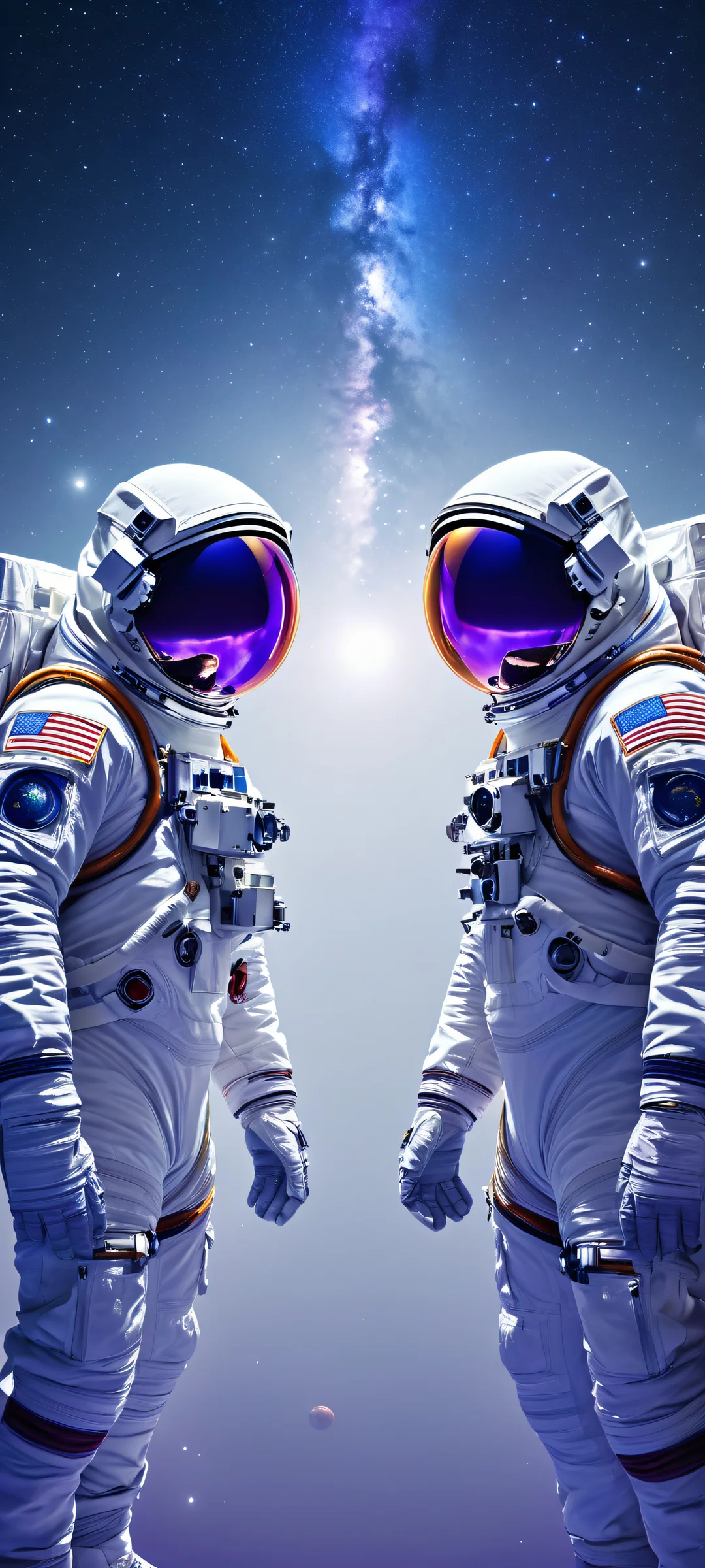 Astral Odyssey QHD Smartphone Background iPhone/Android users will be mesmerized by this stunning vertical portrait artwork of astronauts in spacesuits, set against a breathtaking cityscape at night.