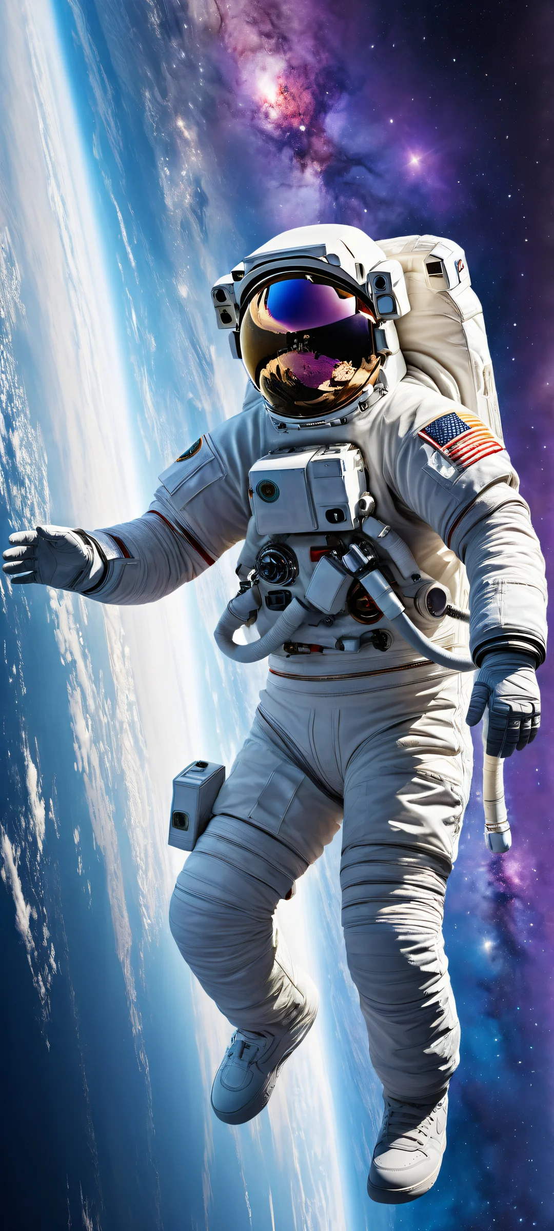 Portrait of an astronaut in a void background with intricate details and ray-traced reflections. iPhone/Androidのホーム画面に最適.