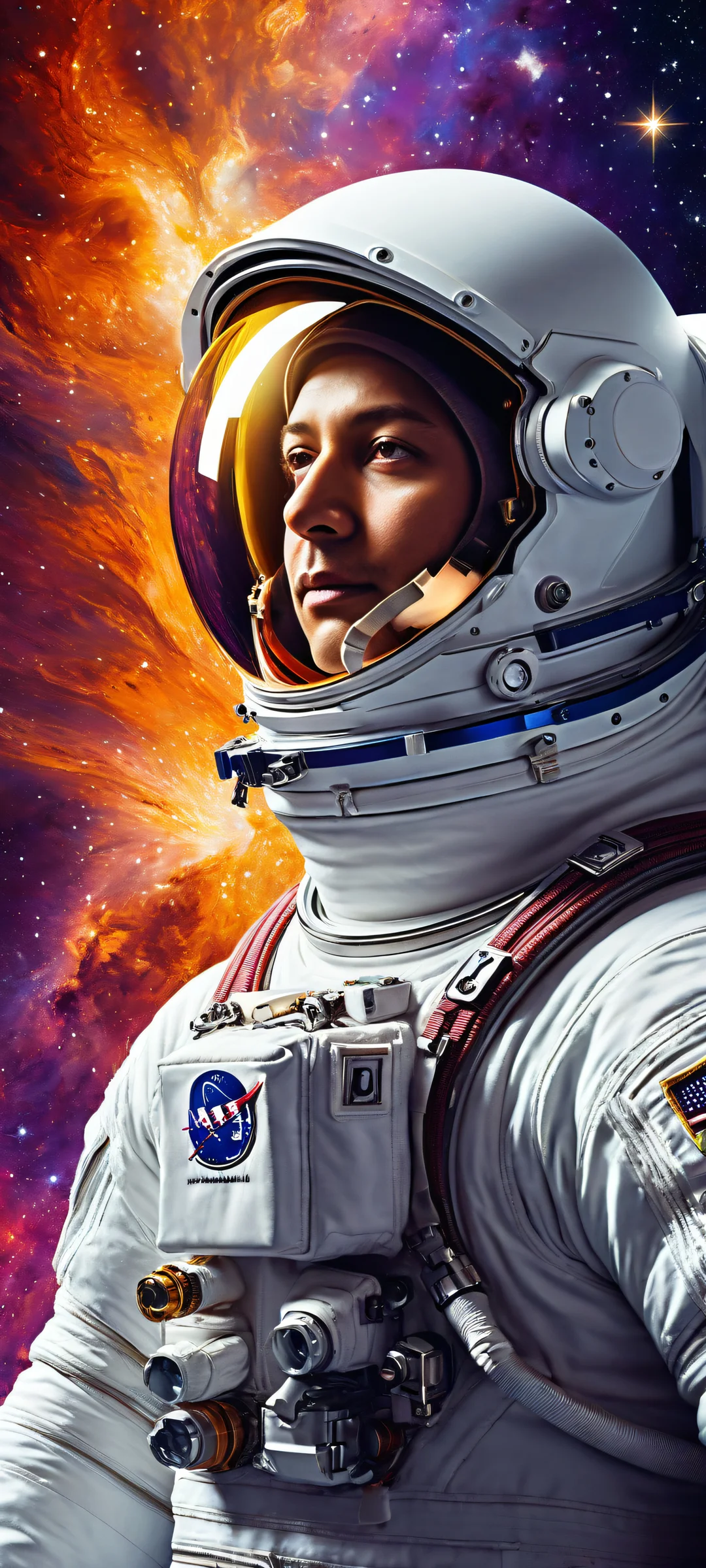 iPhone/Android astronaut portrait with vibrant colors and intricate details against a vast space background.