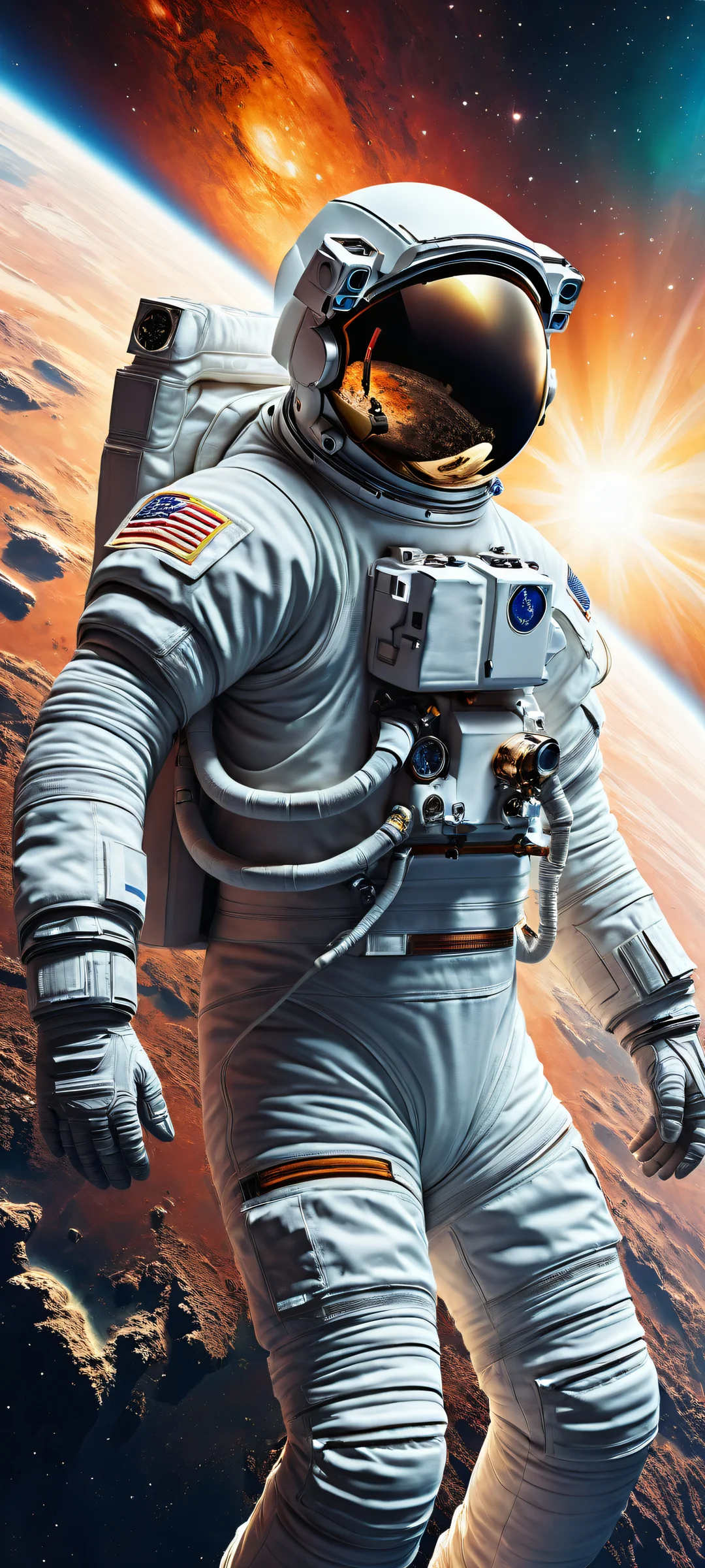 iPhone and Android user's delight - astronaut amidst space station equipment and asteroid fragments.