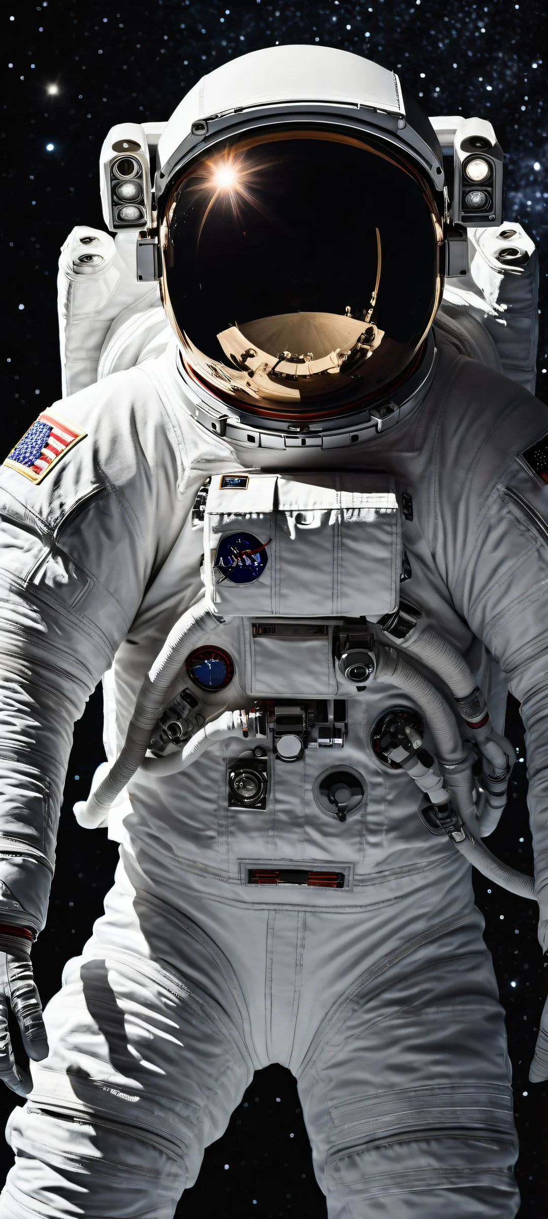 iPhone/Android user, a stunning astronaut portrait amidst black hole exploration, with a vast pure void and dark galaxy backdrop, for your mobile home screen.
