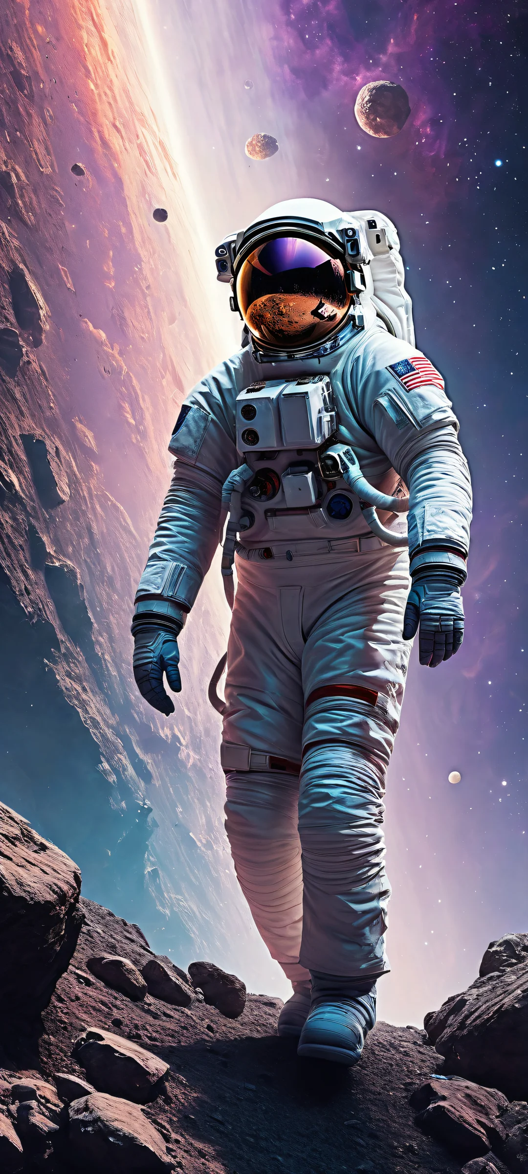 Portrait of an astronaut standing among asteroid rocks against a star-filled backdrop on an iPhone/Android device.