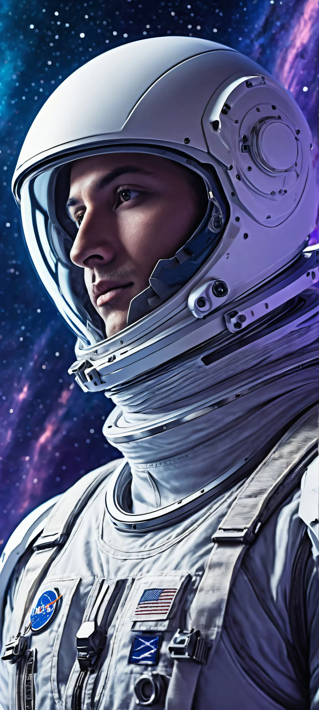 iPhone/Android wallpaper of an astronaut in a futuristic spaceship control panel against a starry night sky with intricate micro-details and stunning visual impact.