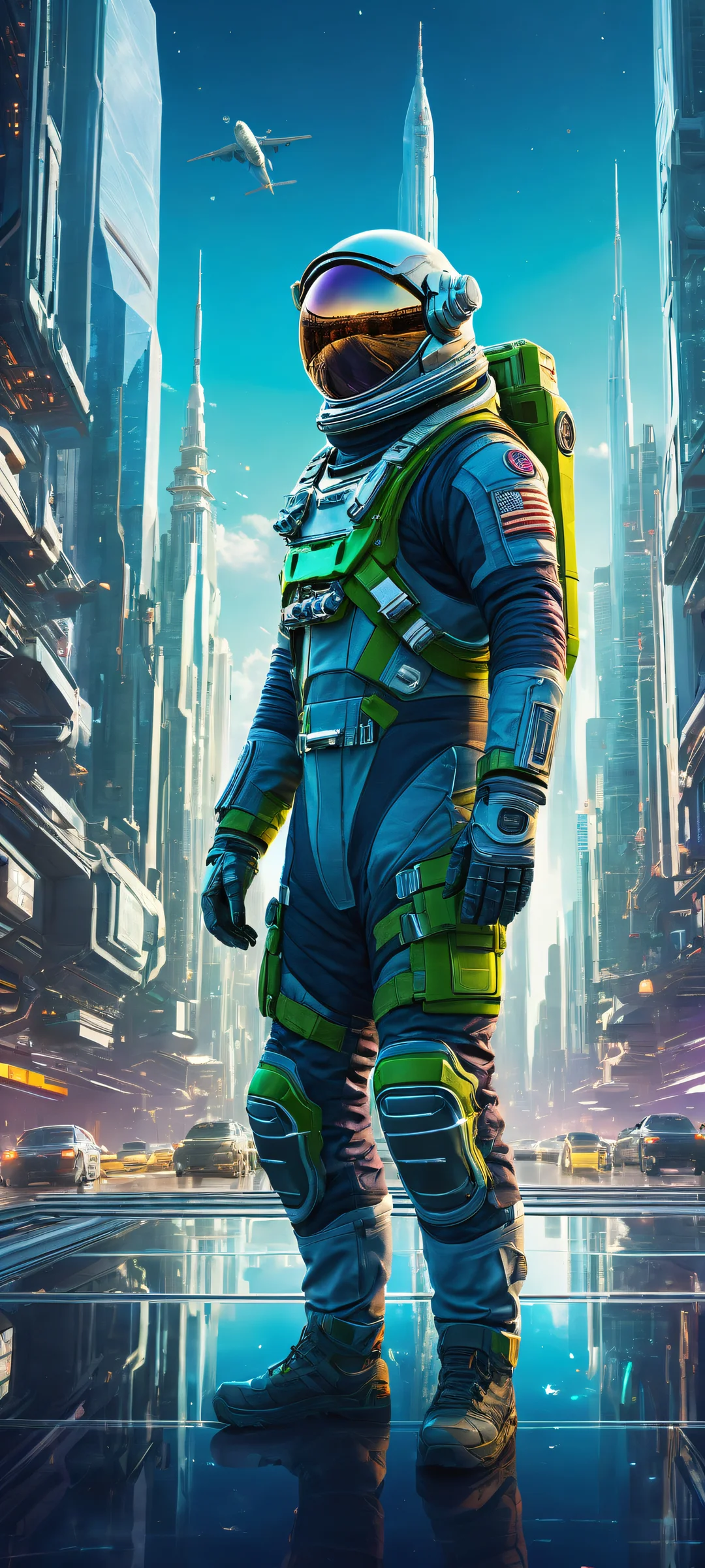 An astronaut in futuristic armor stands proudly in the lower-middle of this breathtaking digital artwork, perfectly optimized for iPhone and Android home screens. A vast, pure void above seamlessly blends into a dynamic cityscape below, showcasing the astronaut's details.