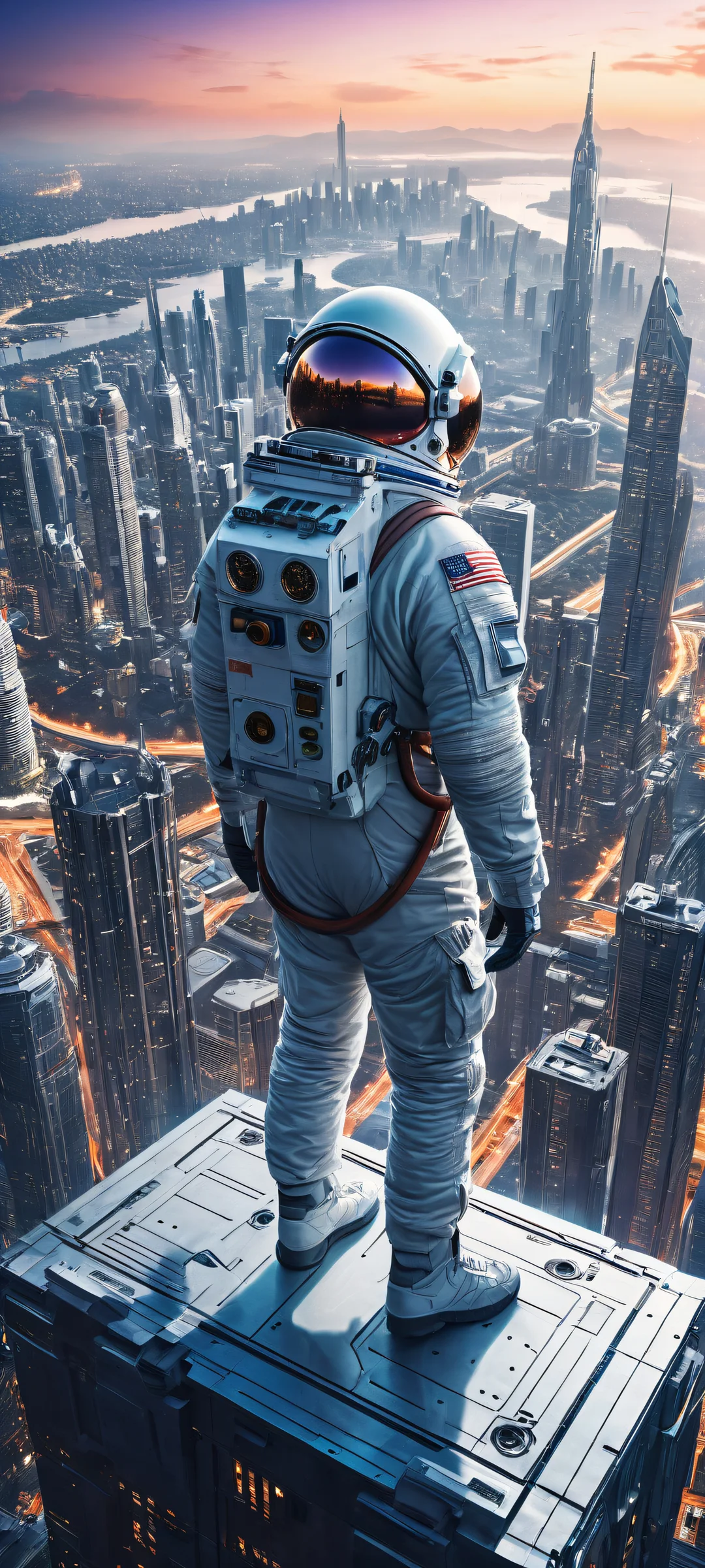 Lone astronaut amidst a futuristic cityscape on iPhone/Android