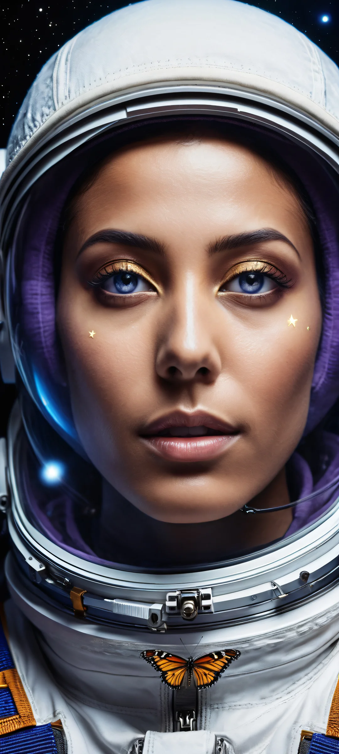 iPhone/Android wallpaper featuring an astronaut looking at the viewer with a butterfly in the lower-middle, against a stunning cosmic background.