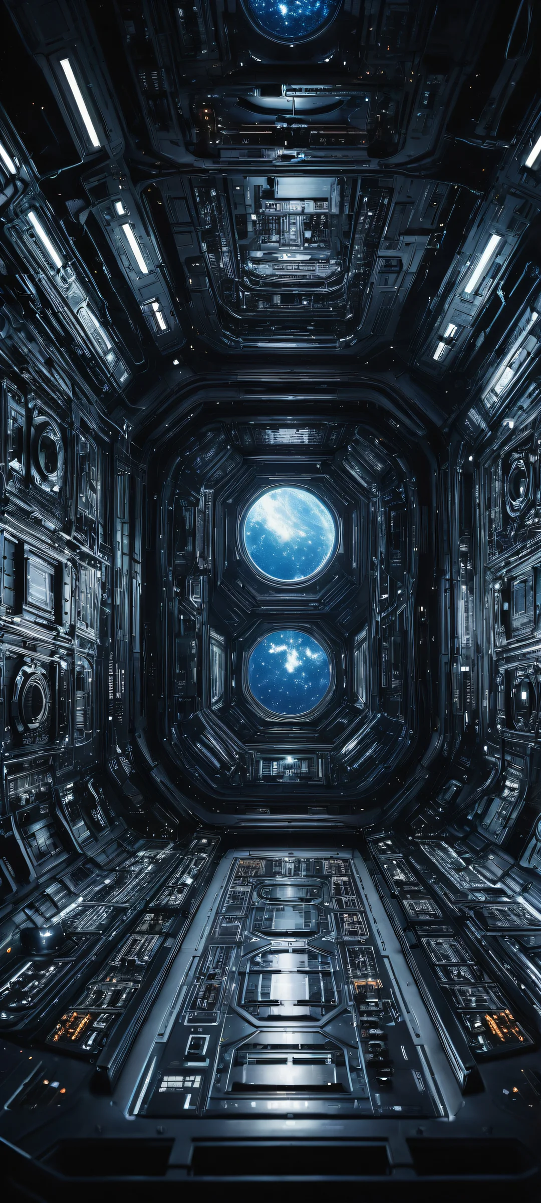 Astronauts exploring a futuristic cityscape from their spaceship control panel on iPhone/Android devices.