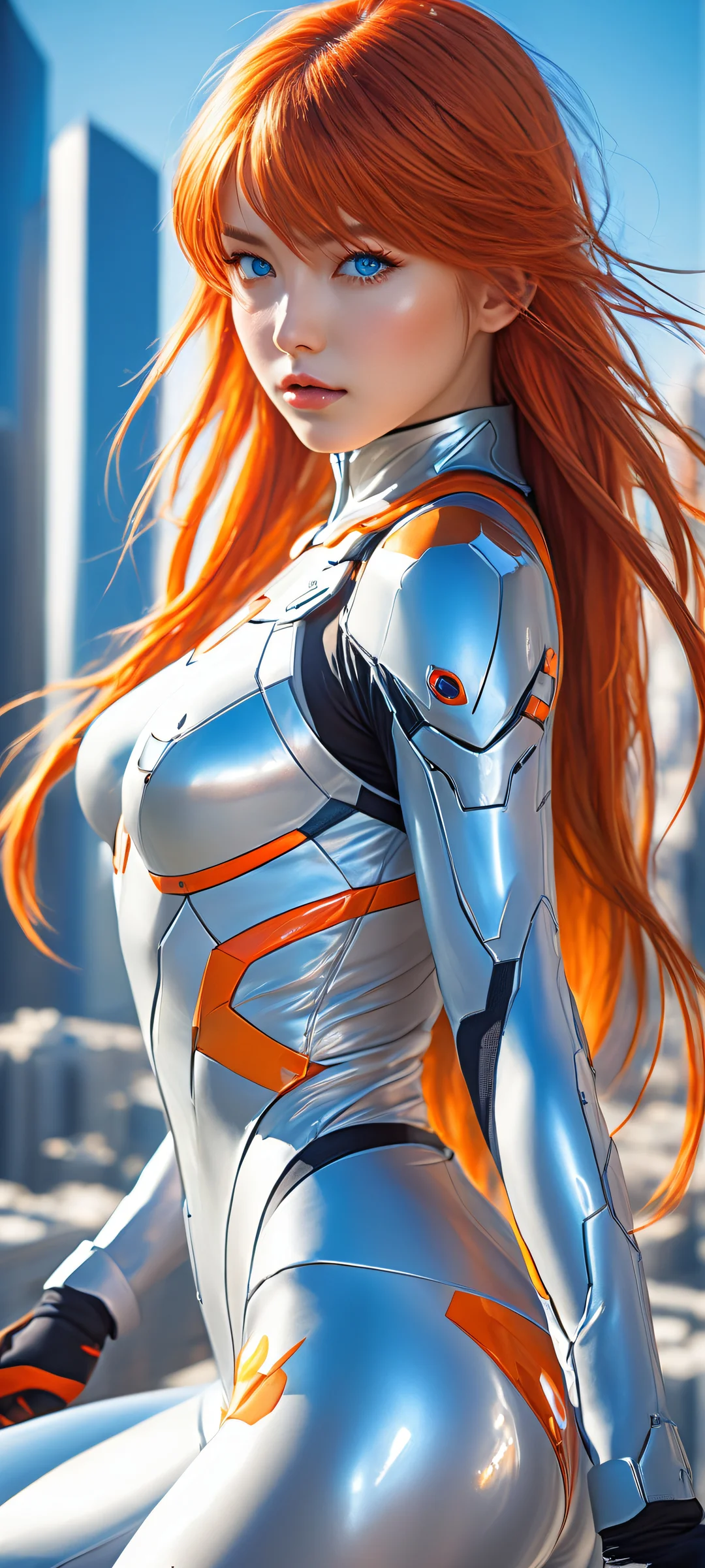 Breathtaking portrait of Asuka Langley Soryu with her plugsuit and long hair, perfectly optimized for iPhone/Android home screens.