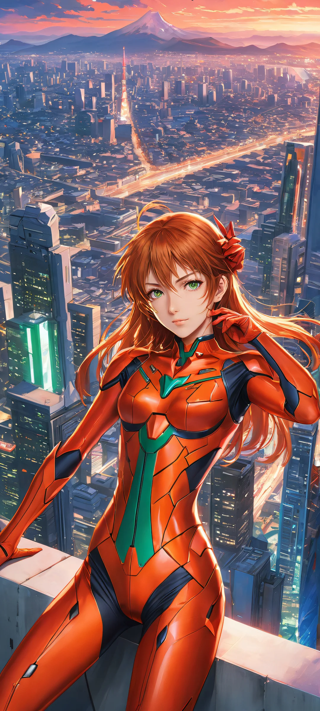 A stunning portrait of Asuka Langley Soryu, her Evangelion Unit-02, and a futuristic cityscape. Perfectly optimized for iPhone, Samsung Galaxy, and Android home screens.