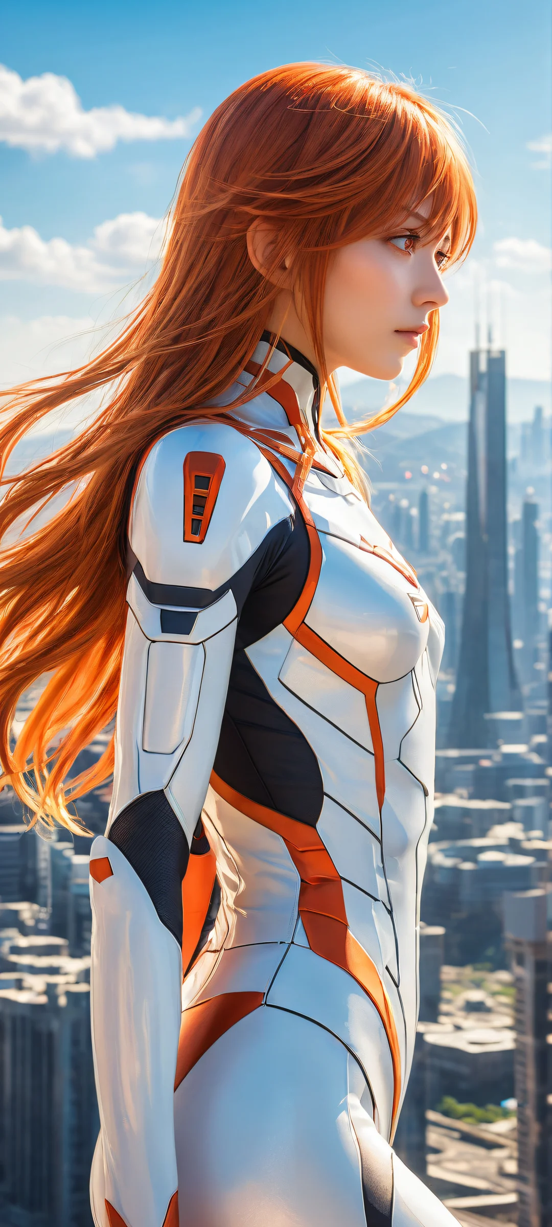 A stunning portrait of Asuka Langley Soryu against a majestic cityscape, perfectly optimized for iPhone and Android home screens.