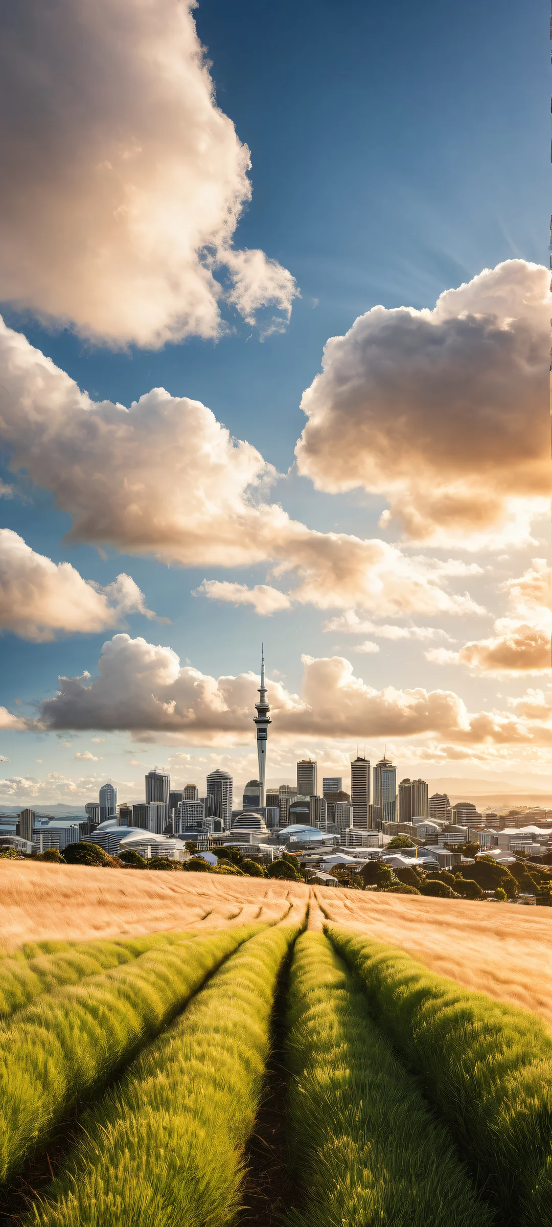 A breathtaking portrait of Auckland's skyline on a clean and empty background for iPhone/Android mobile devices, featuring intricate details of clouds and sunlight.