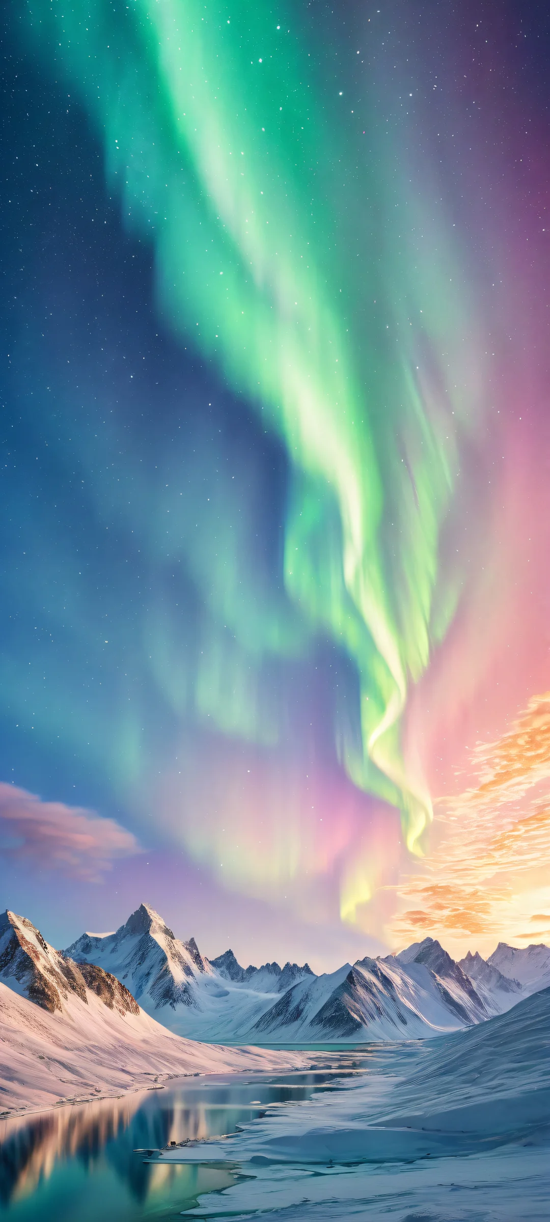 A stunning iPhone/Android wallpaper featuring a breathtaking vertical portrait of the aurora borealis against a vast, pure void. モバイルのホーム画面に最適化.