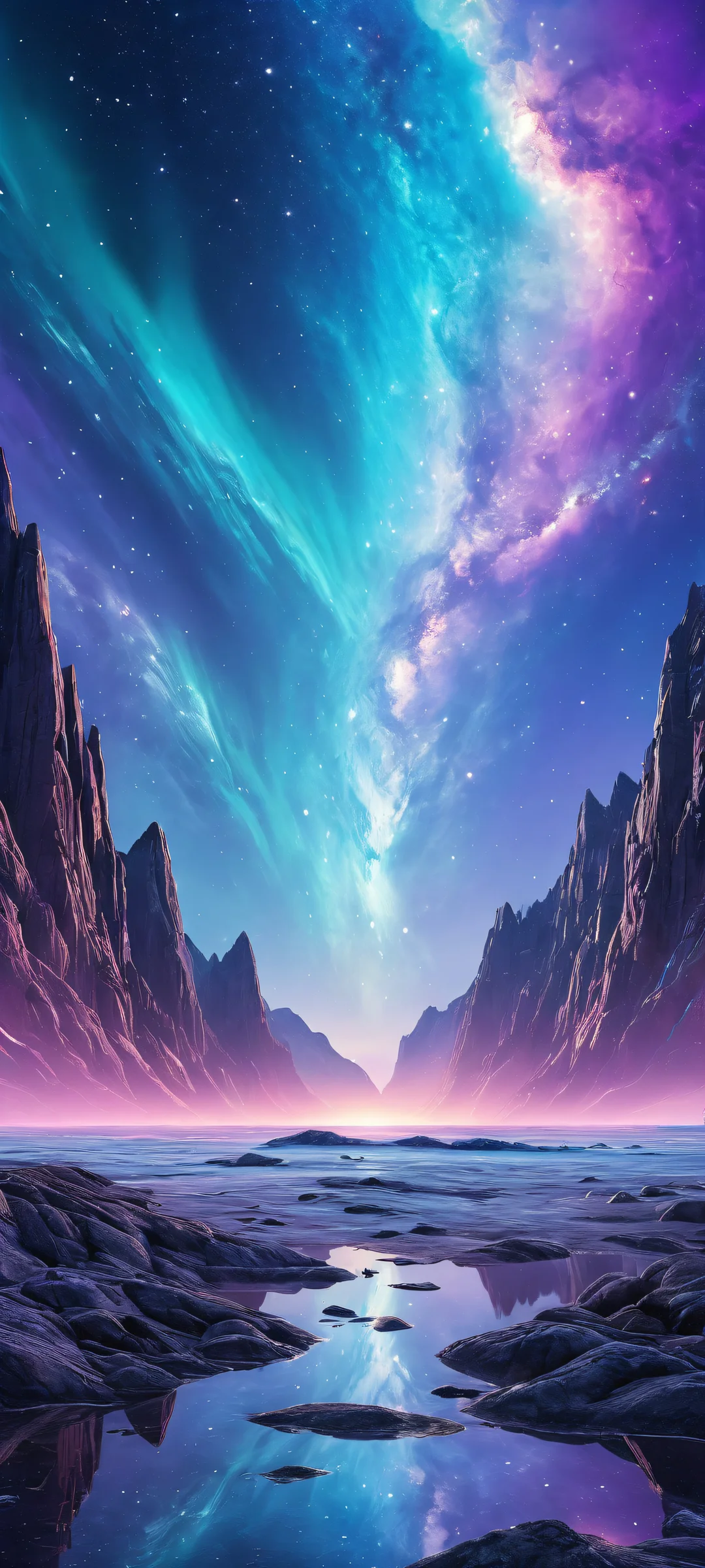 Aurora-tinted celestial bodies with swirling clouds and starlight on a perfectly clean top half, perfekt für iPhone/Android-Startbildschirme.