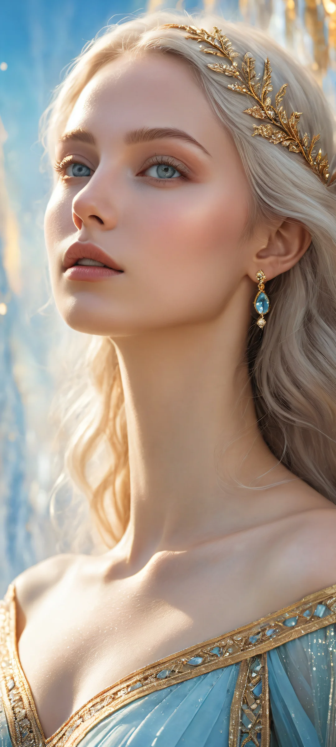 Aurora's Ethereal Gaze iPhone & Samsung QHD Wallpaper Ethereal portrait of Aurora for iPhone/Android home screens, featuring intricate patterns and textures.