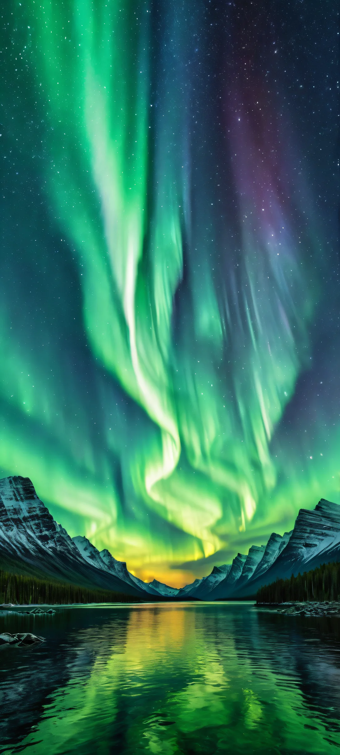 Aurora's Ethereal Glow Aesthetic Phone Wallpaper Breathtaking vertical portrait of Aurora Borealis on iPhone/Android devices, with swirling solar flares and stardust details.