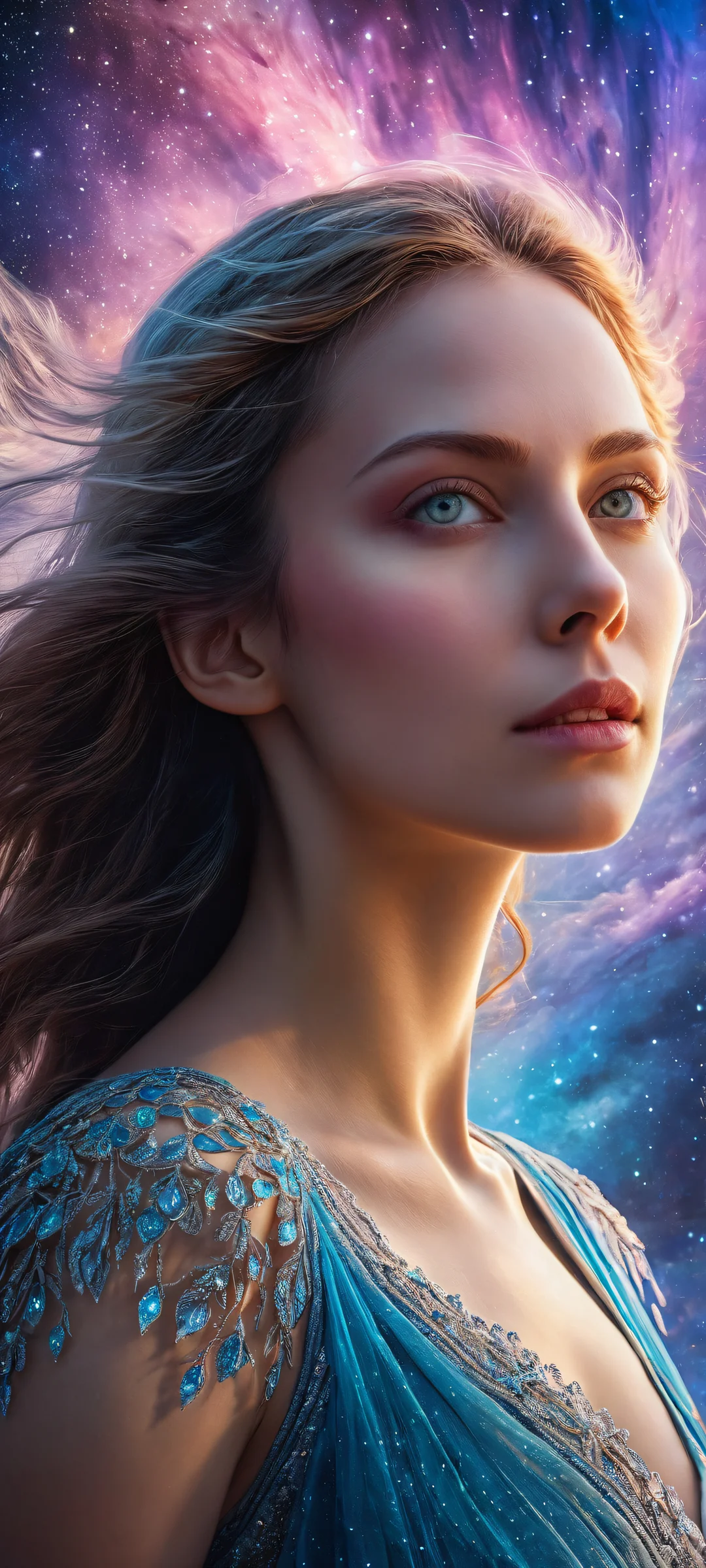 Aurora portrait with swirling clouds and solar flares for iPhone/Android home screens, featuring intricate micro-details and ray-traced reflections.