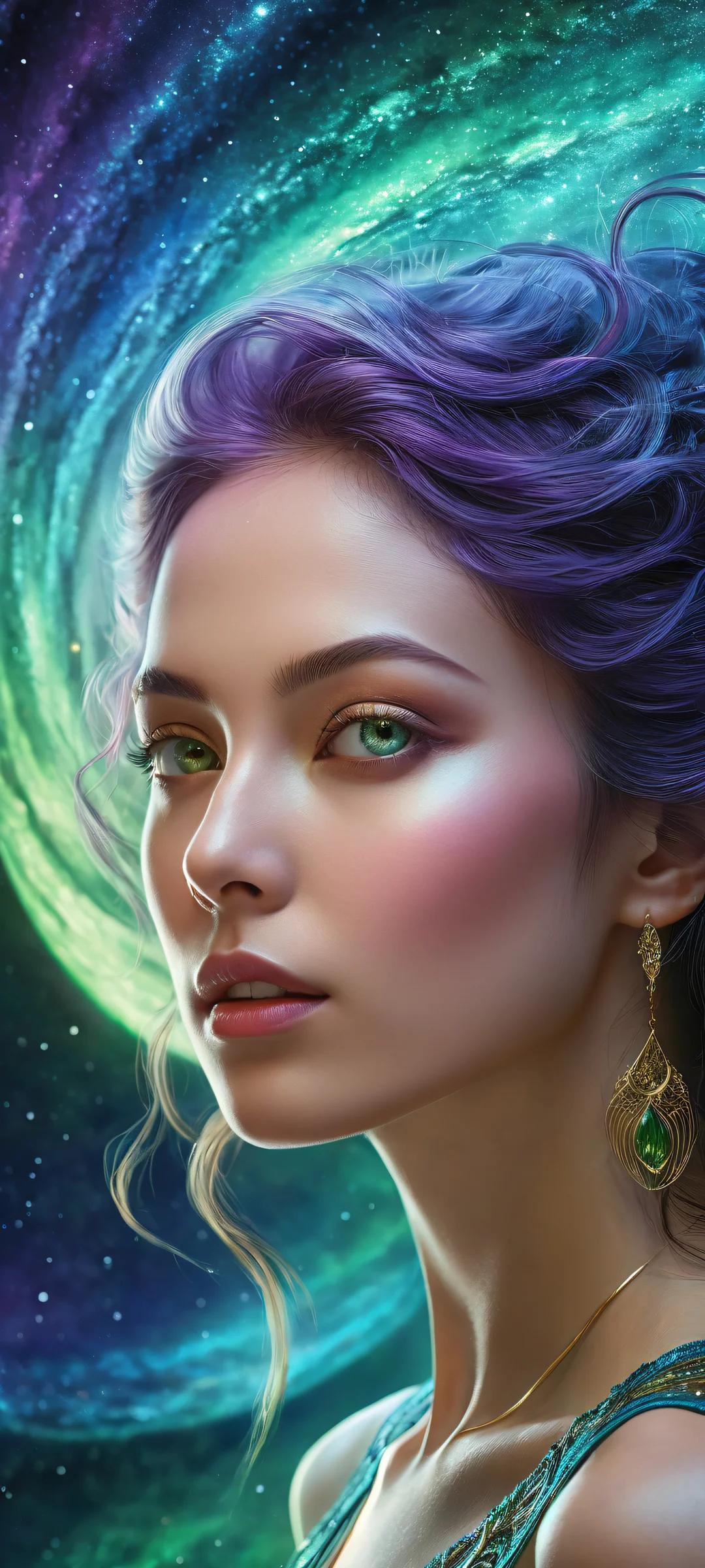 iPhone/Android users will marvel at the breathtaking portrait of Aurora set against a stunning cosmic backdrop, featuring intricate micro-details and ethereal lighting.