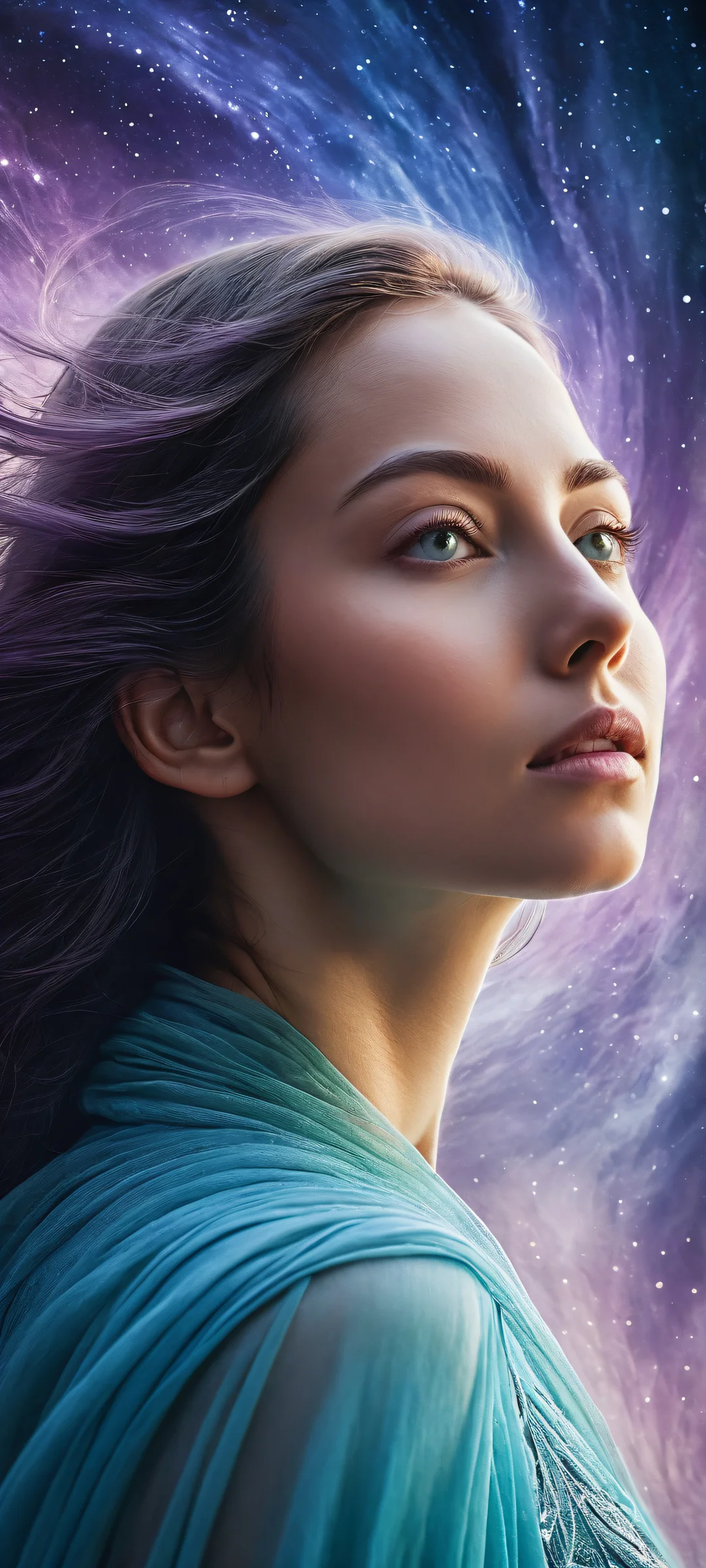 iPhone and Android users will marvel at this breathtaking portrait of Aurora amidst swirling solar flares and celestial wisps, perfectly optimized for your device's home screen.