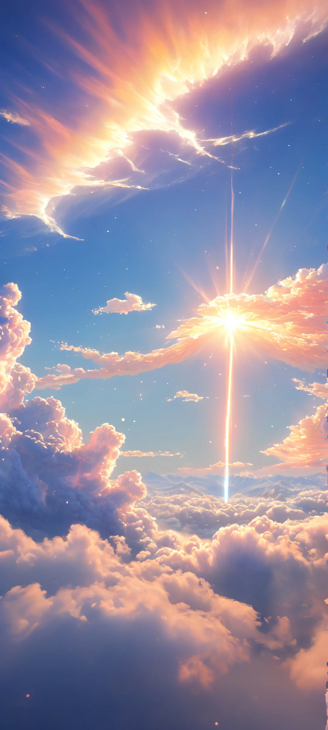 iPhone/Android compatible wallpaper featuring an ethereal portrait of Aurora set against swirling clouds and shimmering particles, with a perfectly clean top half for a serene UI experience.