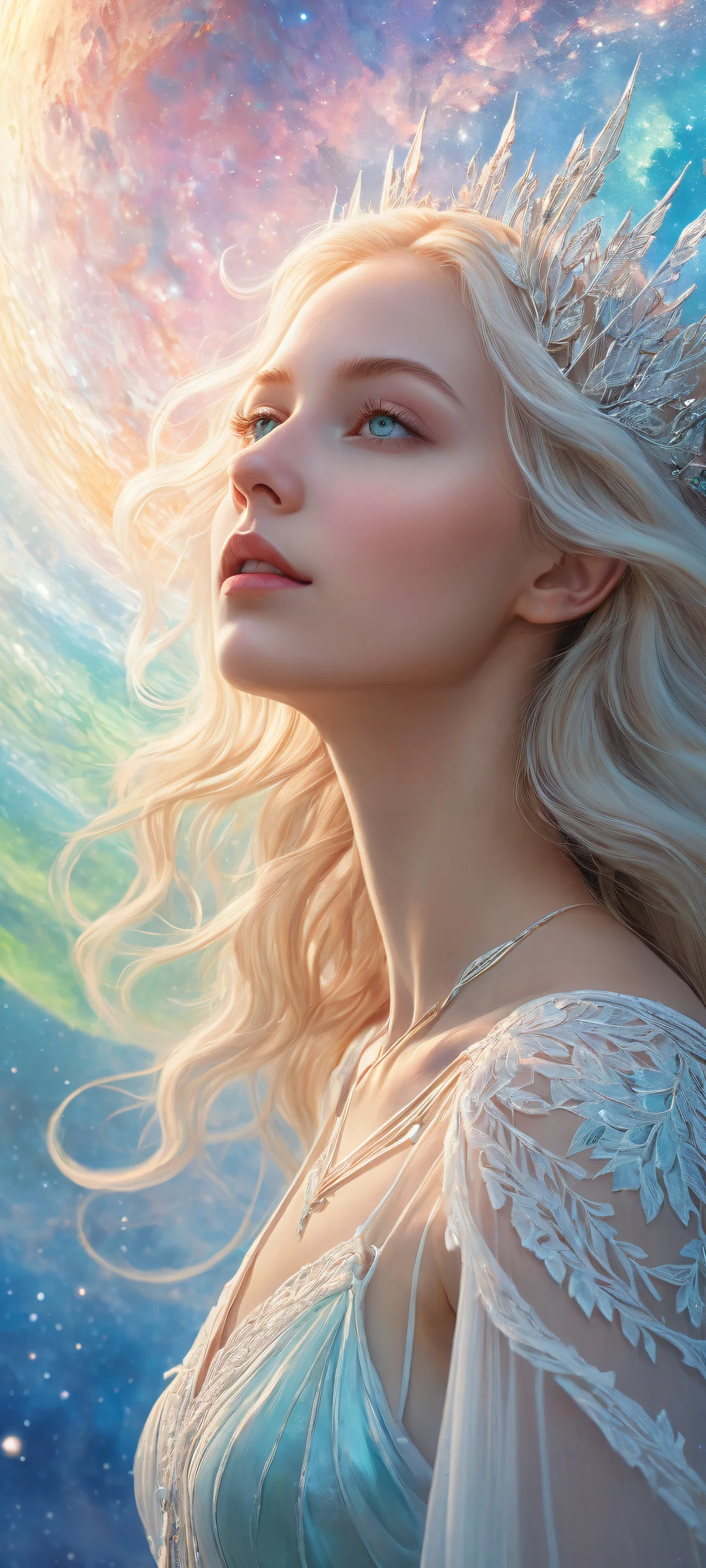 Ethereal portrait of Aurora on iPhone/Android with celestial landscape and ray-traced reflections.