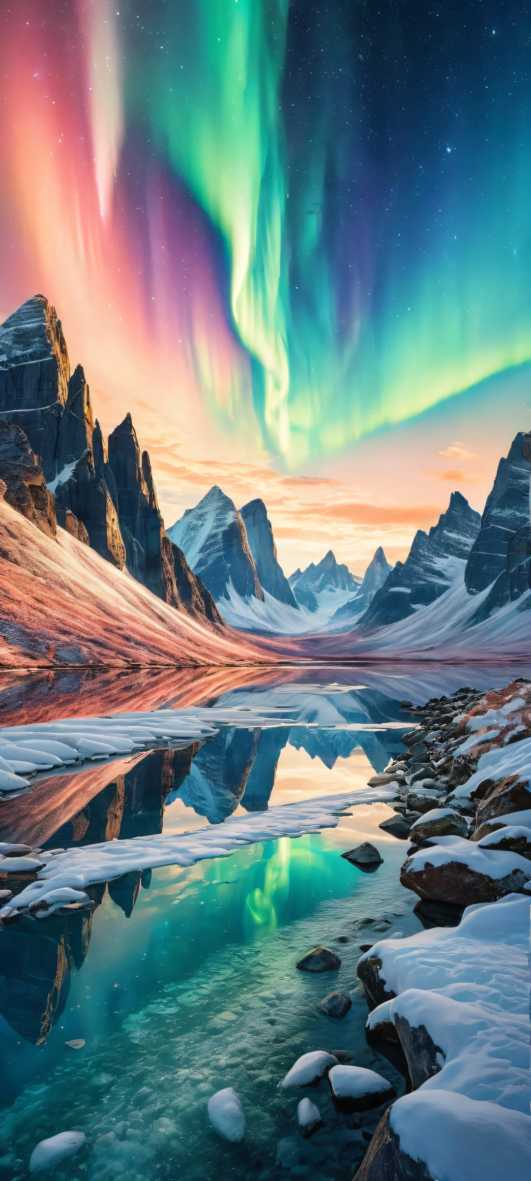 Aurora's Ethereal Dance iPhone & サムスン QHD 壁紙複雑な微細ディテールと幻想的な照明を備えた Breathtaking portrait artwork of Aurora Borealis on iPhone/Android, with intricate micro-details and ethereal lighting.