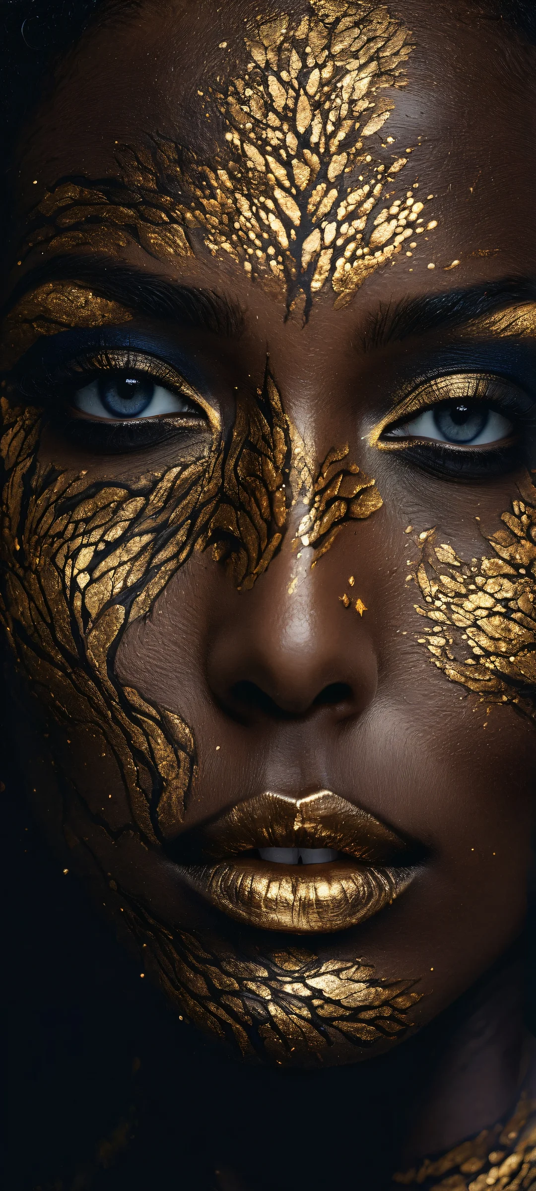 Woman's face with glowing gold veins and galaxy-reflecting eyes, on a clean and empty void background, optimized for iPhone/Android home screens.