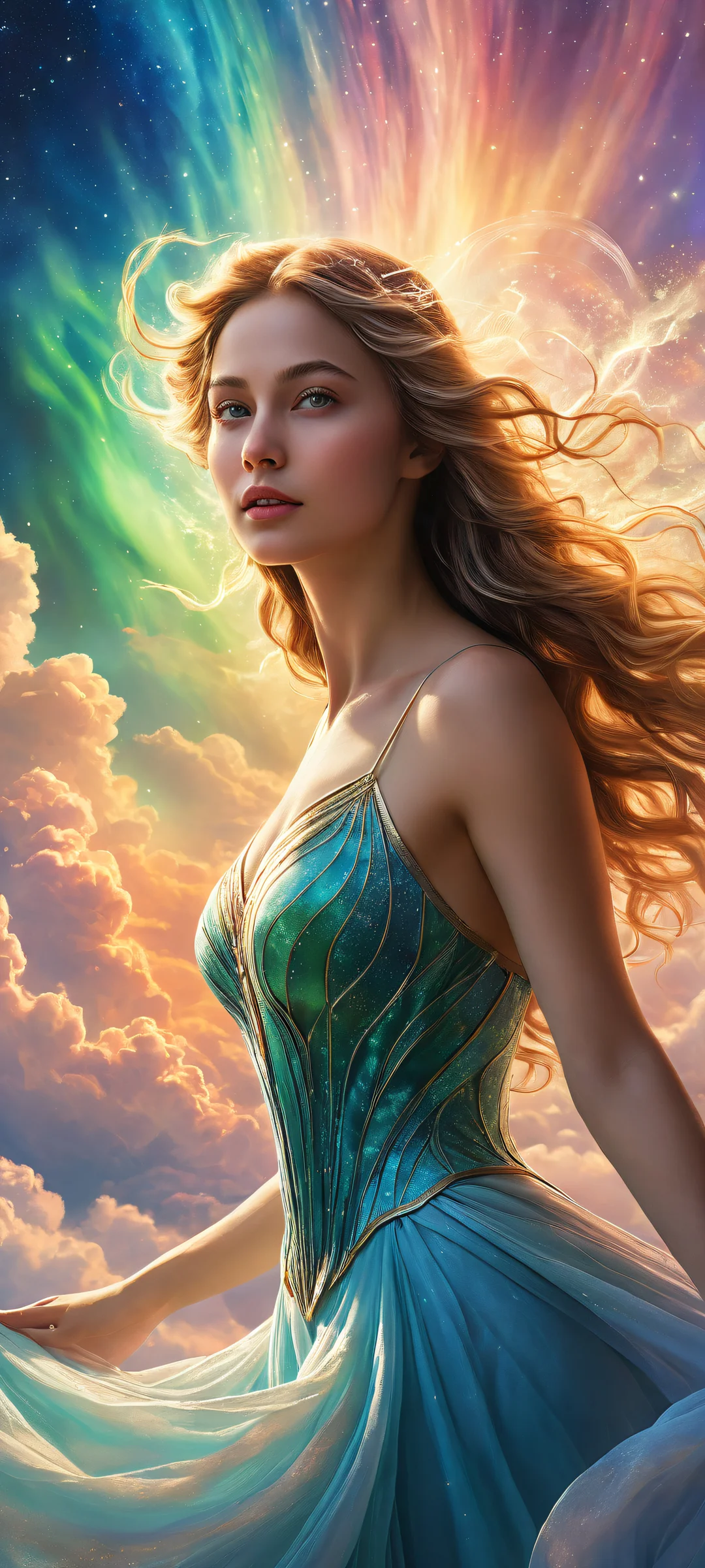 iPhone/Android wallpaper featuring ethereal artwork of Aurora with intricate clouds and particles, perfect for seamless UI integration.