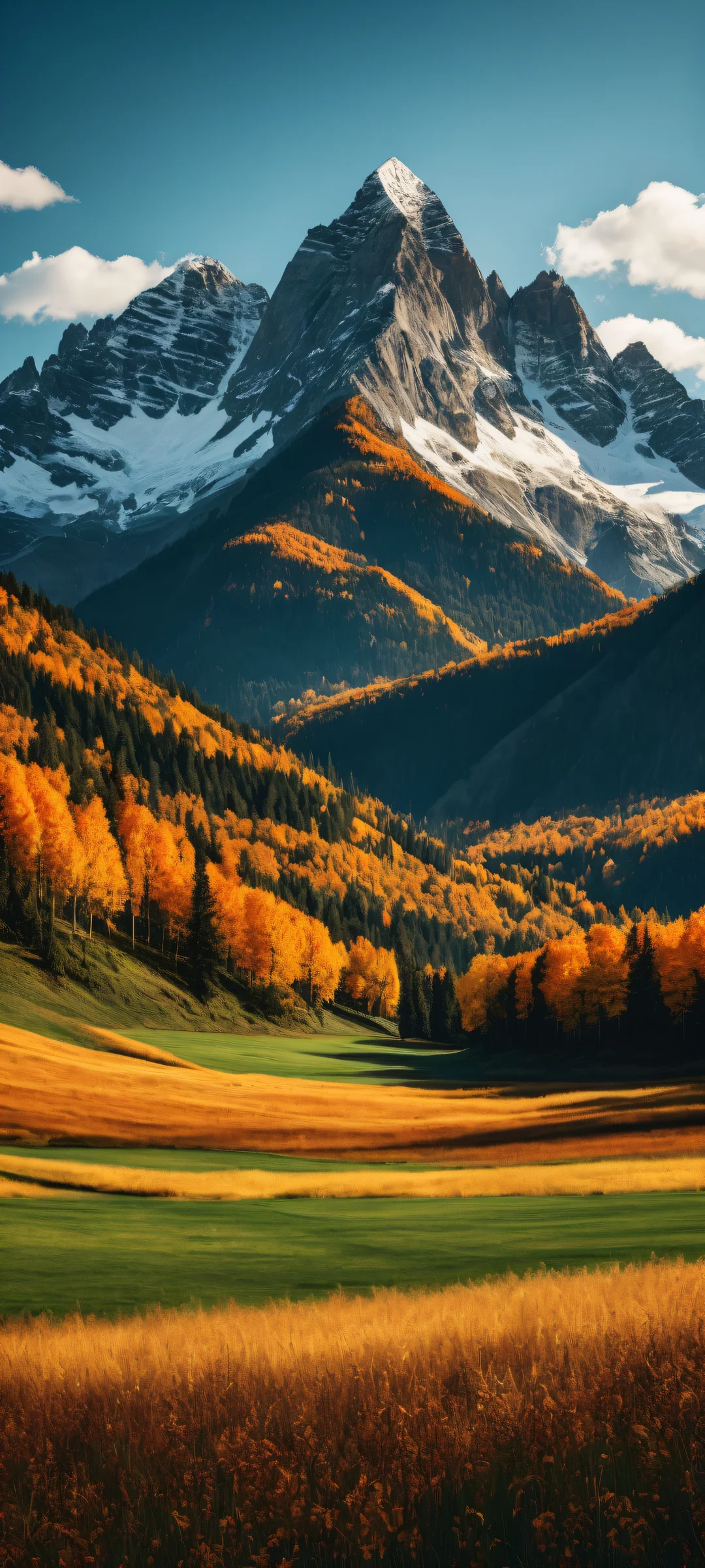iPhone and Android users will be mesmerized by the majestic mountain range with trees in the lower-middle, perfectly clean top half, and vast expanse of fall-colored grass. Stunning 8K resolution and flawless texture.