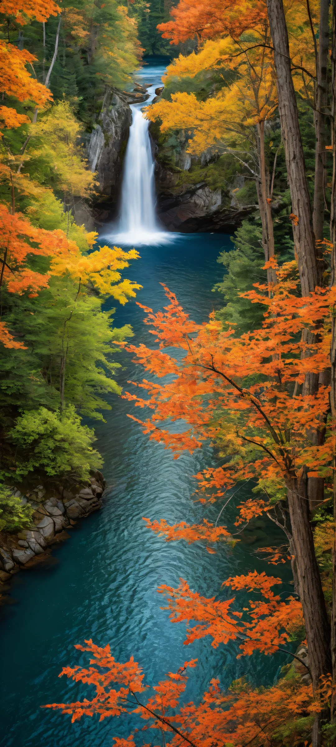 iPhone and Android users will love this stunning digital art of water ripples and tree branches against a serene autumn landscape, perfectly optimized for your phone's home screen.