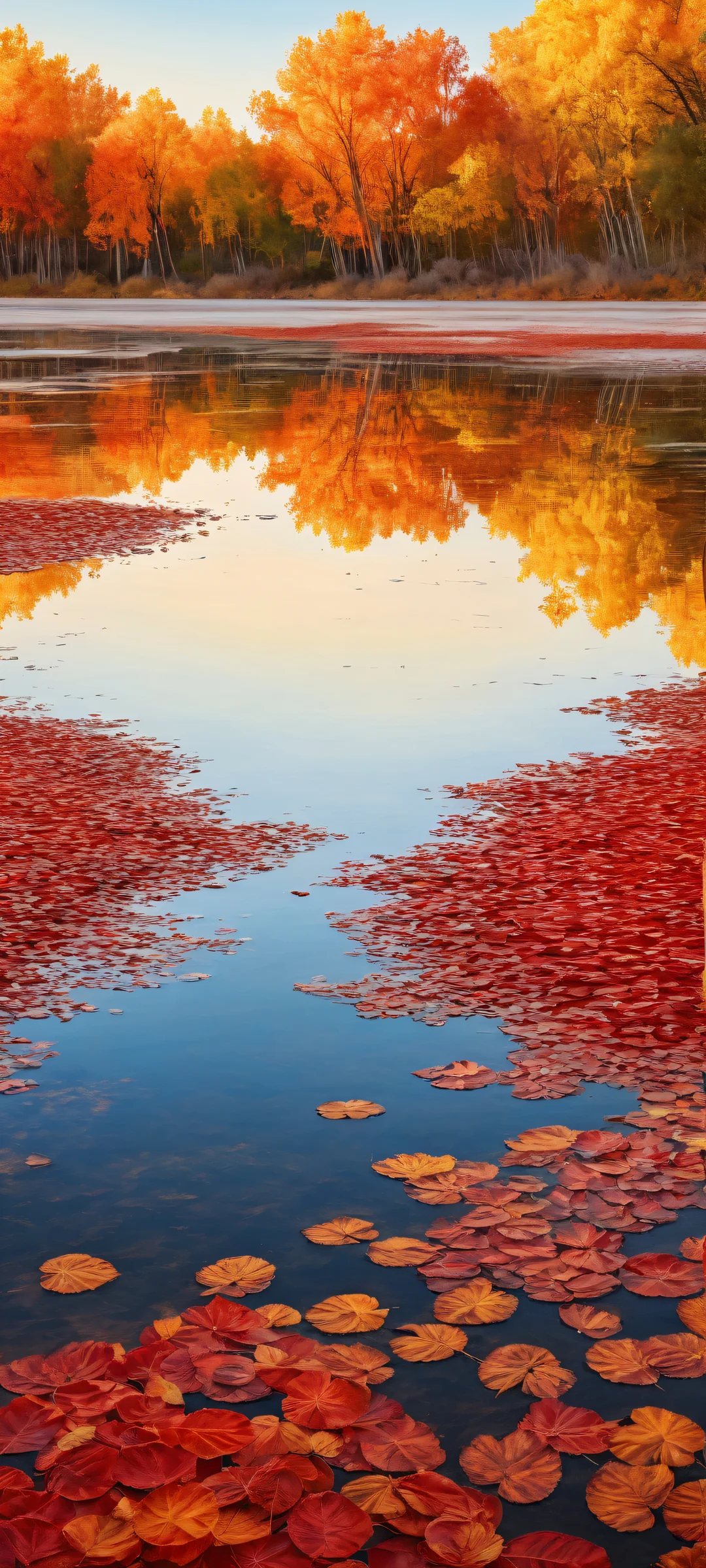 A serene iPhone/Android wallpaper featuring a breathtaking oil painting of a salt lake reflecting the sky, surrounded by vibrant red and orange foliage. Perfectly optimized for your device's home screen.