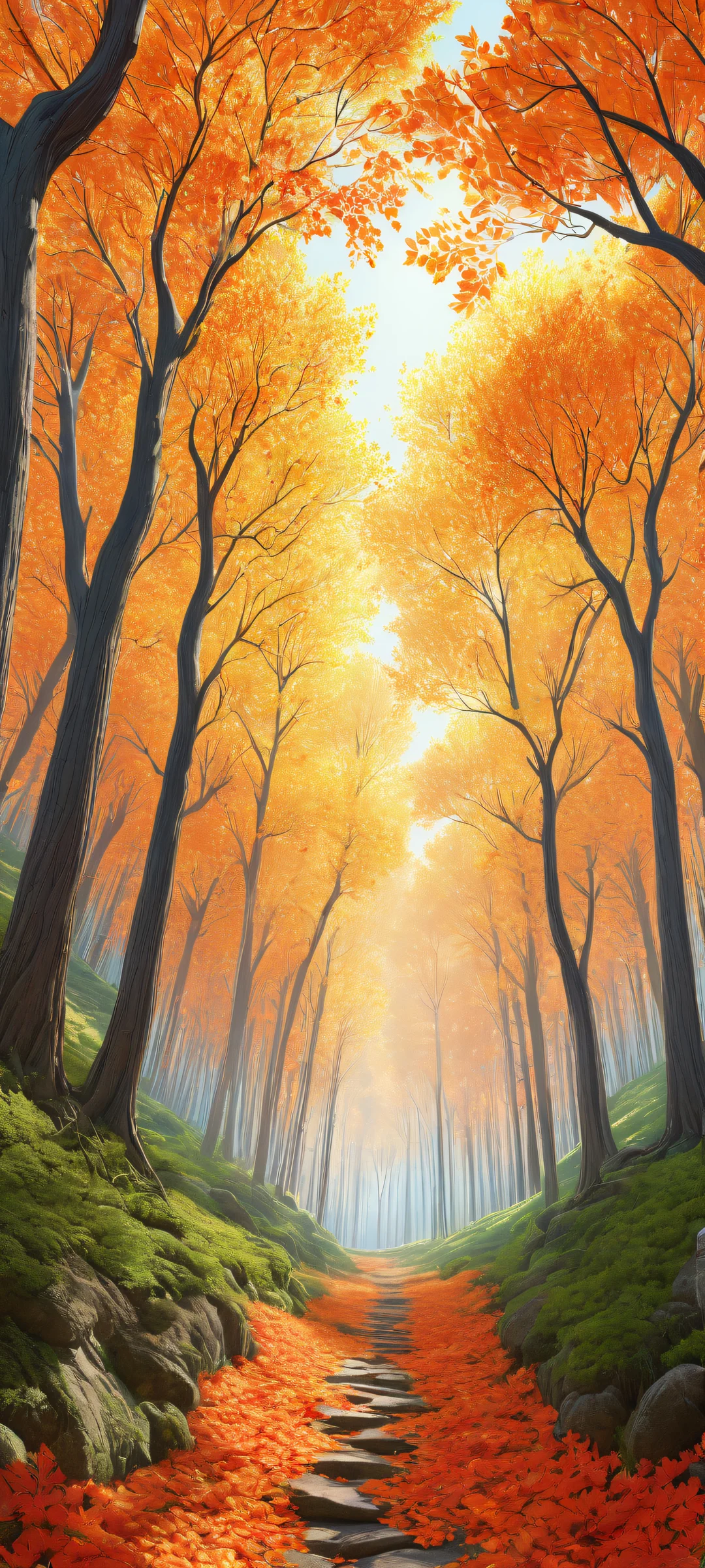 A serene autumn landscape with trees and hills, parfaitement optimisé pour les écrans d'accueil iPhone/Android.