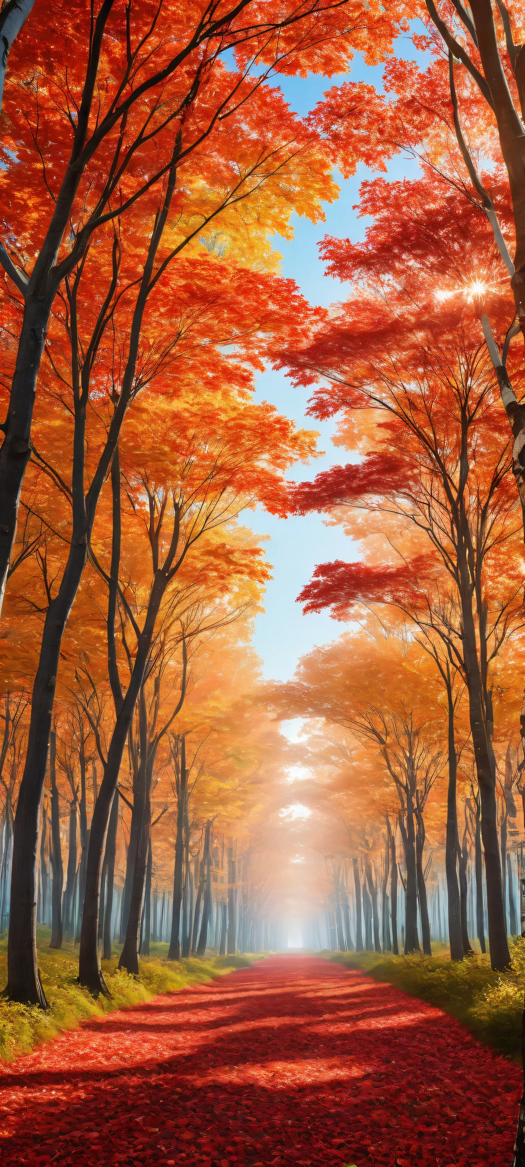 A stunning vertical portrait of a slow worm amidst an autumn maple grove with iPhone/Android device in the distance, perfectly optimized for your home screen.