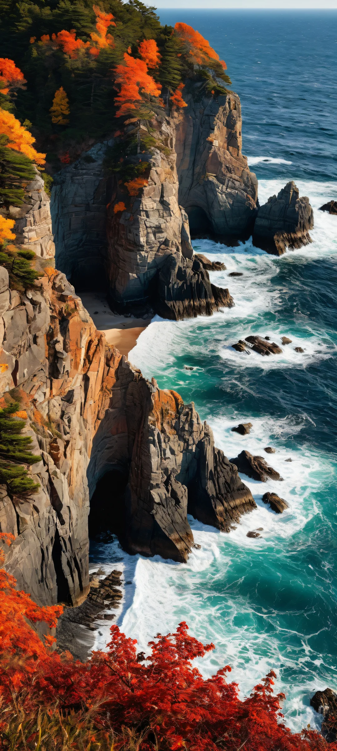 Autumn's Dramatic Coastline Aesthetic Phone Wallpaper Dramatic coastline with dark ocean waves crashing against rocky cliffs on iPhone/Android. Award-winning digital art.