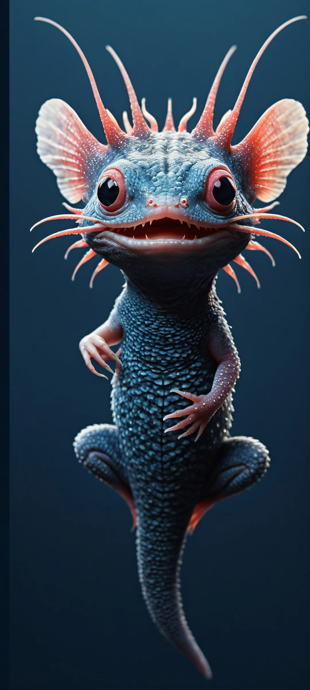 A stylized axolotl emerging from an IKEA Blahaj, perfect for iPhone or Android home screens.