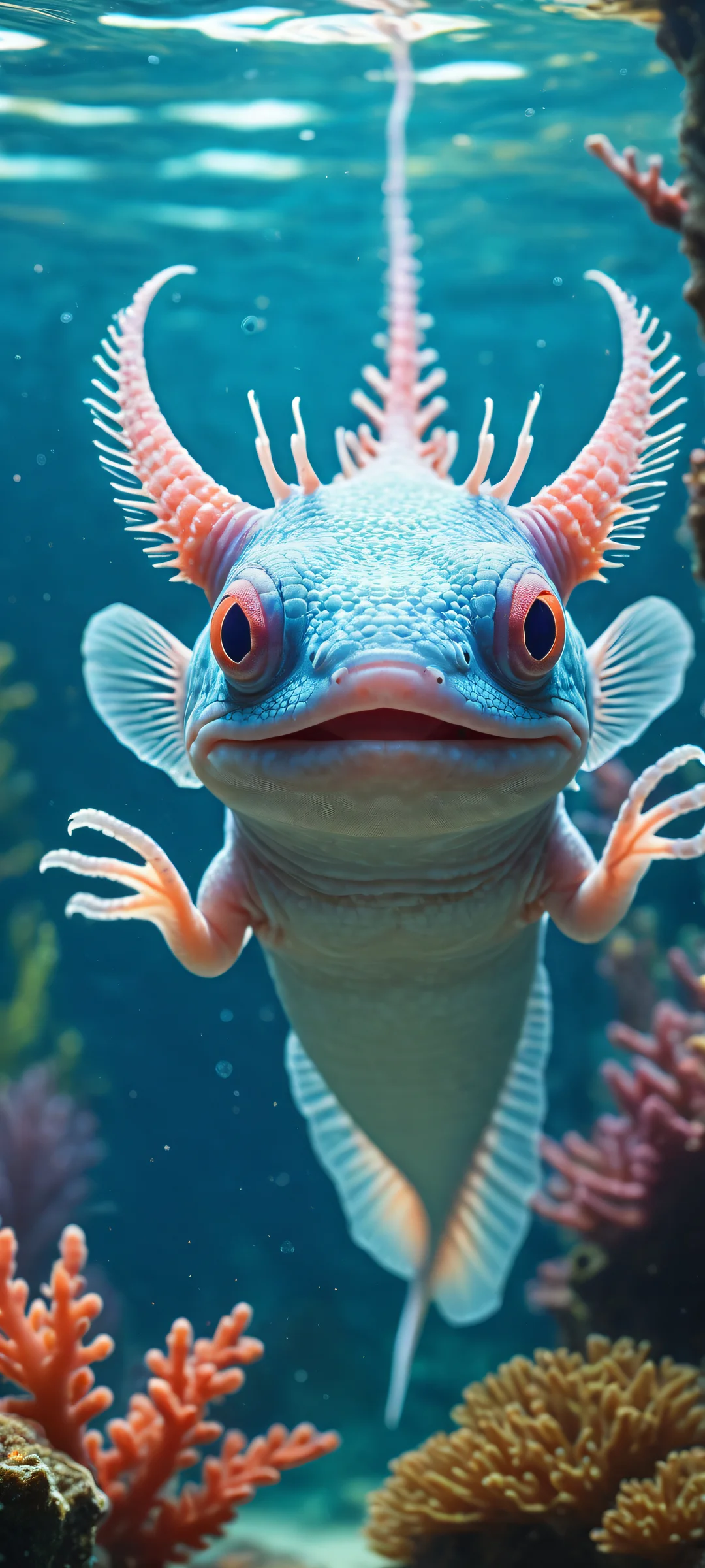 Stunning digital art of an axolotl in its underwater habitat, parfaitement optimisé pour les écrans d'accueil iPhone et Android.