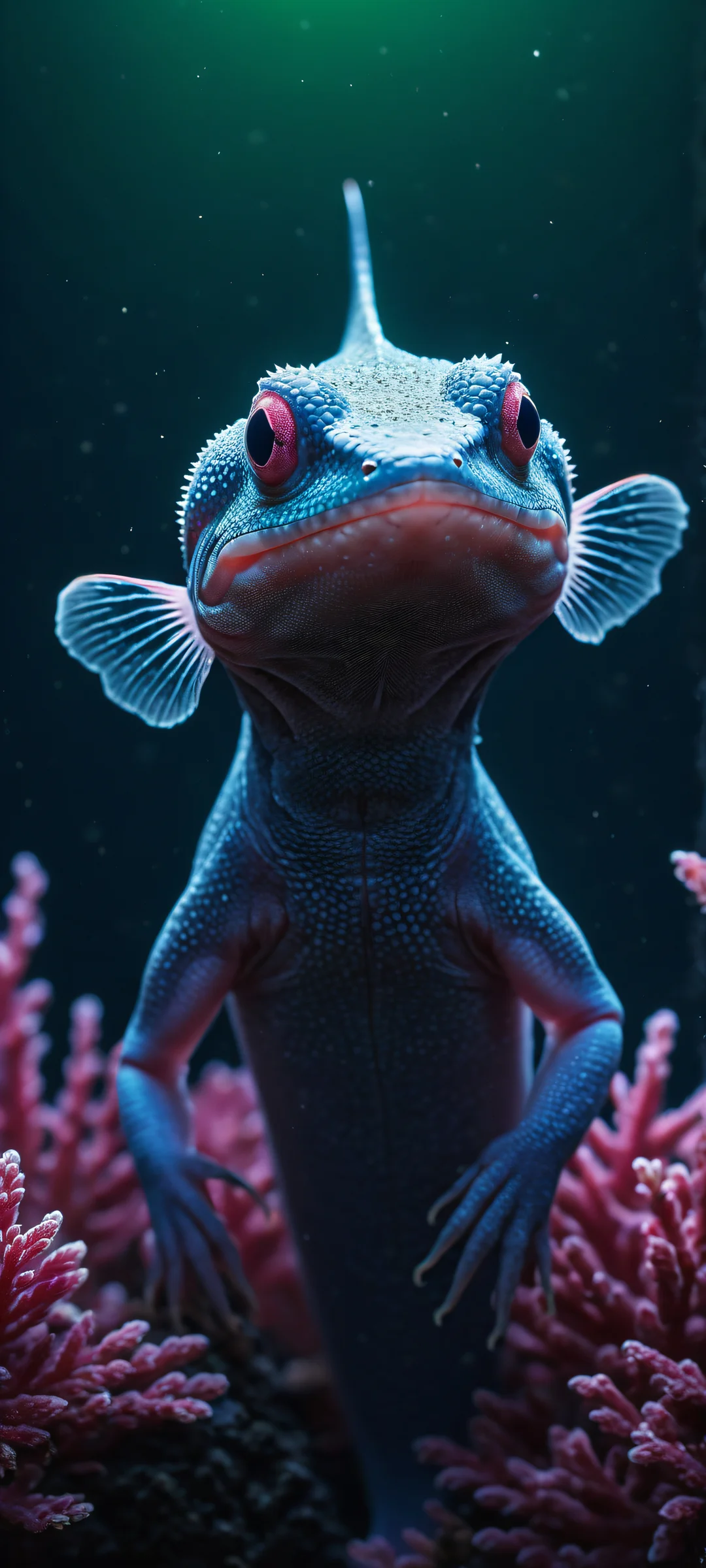 iPhone/Android wallpaper featuring an axolotl-inspired shark in a stunning underwater environment, with intricate micro-details and luminescent accents.