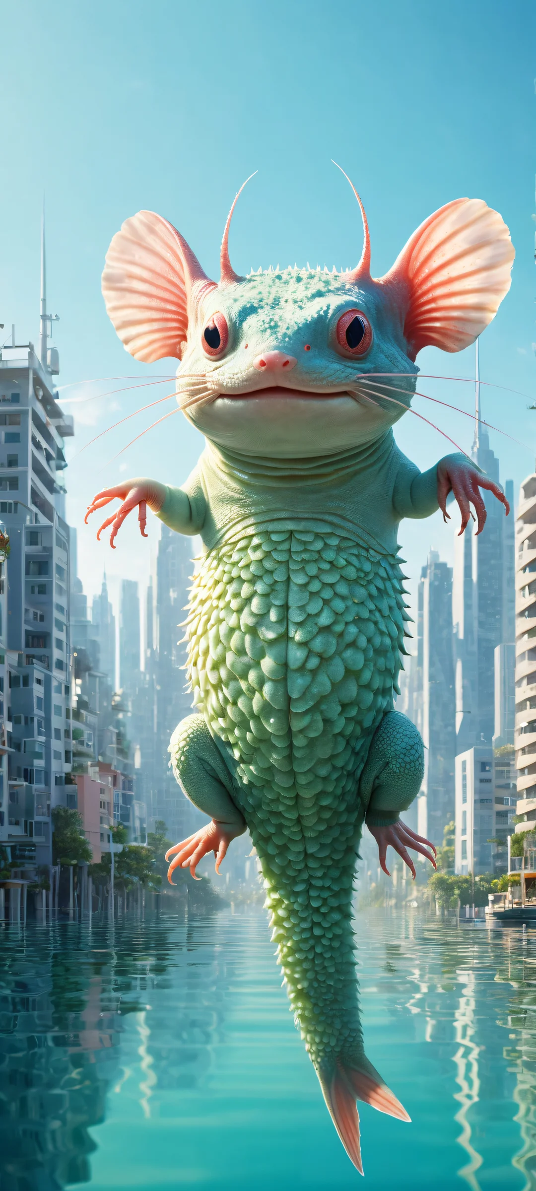 An IKEA Blahaj transformed into an axolotl on a pure void background with futuristic cityscape or underwater world, iPhone/Android compatible.