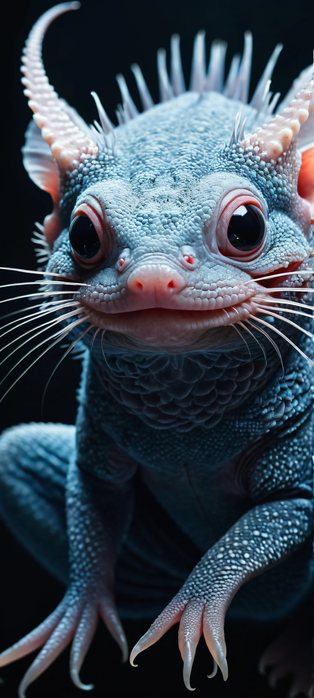 A majestic axolotl perched on a sleek surface, with iPhone/Android in the background, showcasing a stunning digital art piece with intricate details and striking contrast.