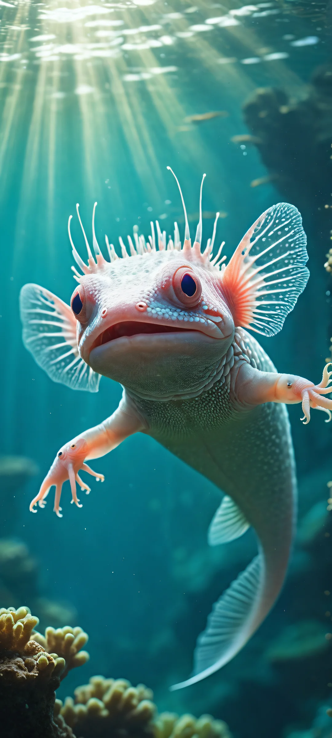 A whimsical axolotl surrounded by a serene underwater landscape, perfectly optimized for iPhone/Android home screens.