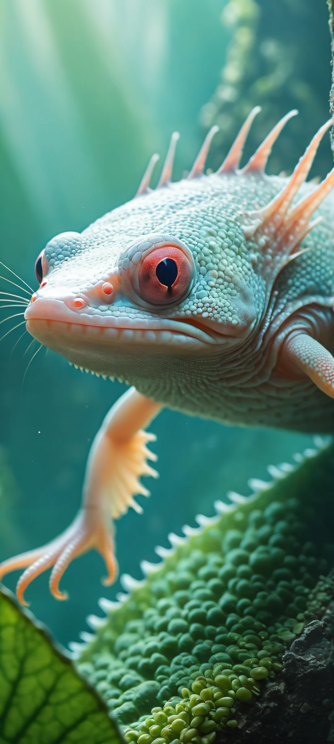 Stunning axolotl-shaped artwork on iPhone/Android, featuring ethereal lighting and intricate details.